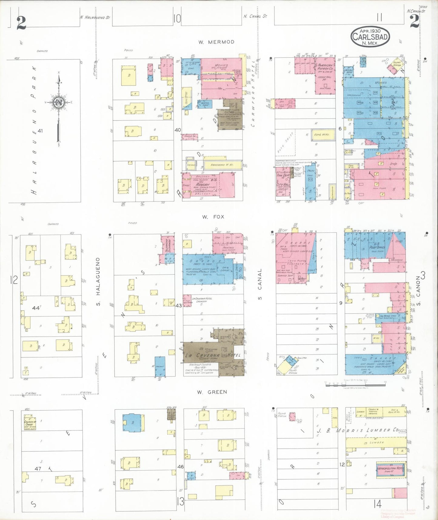 Sanborn Fire Insurance Map from Carlsbad, Eddy County, New Mexico (1930), Sheet #0002 - Historic Sanborn Fire Insurance Map Print, vintage old map wall art, antique decor, genealogy gift, New Mexico New Mexico map