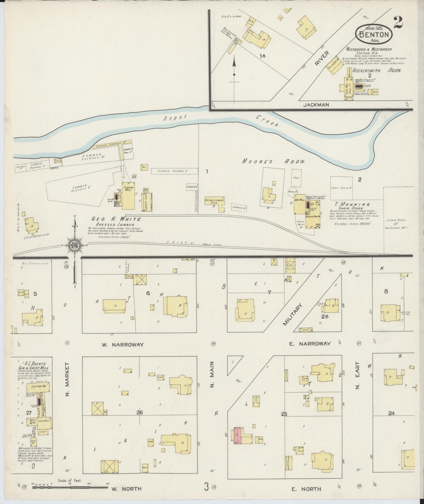 Sanborn Fire Insurance Map from Benton, Saline County, Arkansas (1915), Sheet #0002 - Historic Sanborn Fire Insurance Map Print, vintage old map wall art, antique decor, genealogy gift, Arkansas Arkansas map