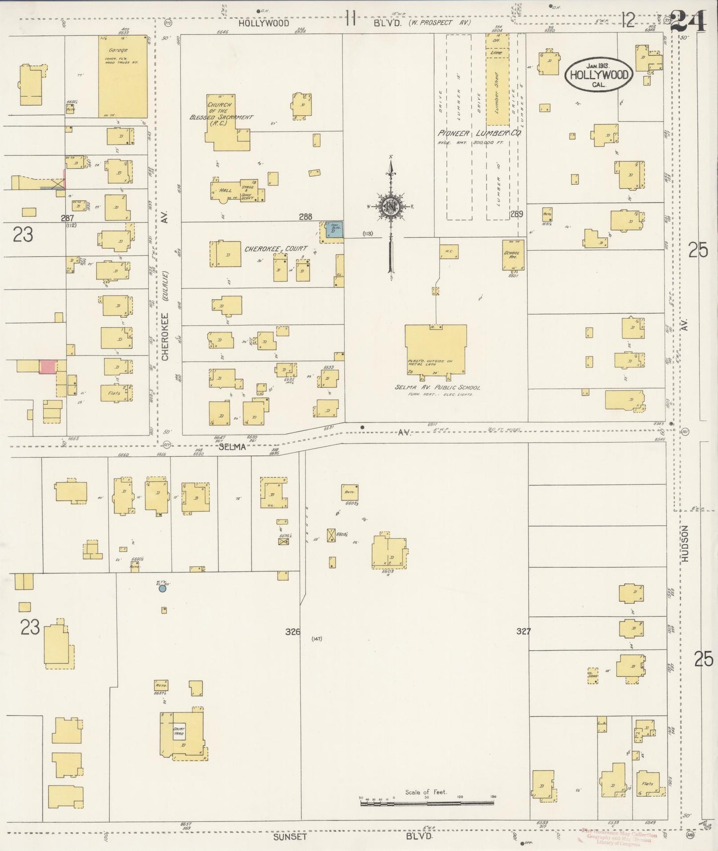 Sanborn Fire Insurance Map from Hollywood, Los Angeles County, California (1913), Sheet #0024 - Historic Sanborn Fire Insurance Map Print, vintage old map wall art, antique decor, genealogy gift, California California map