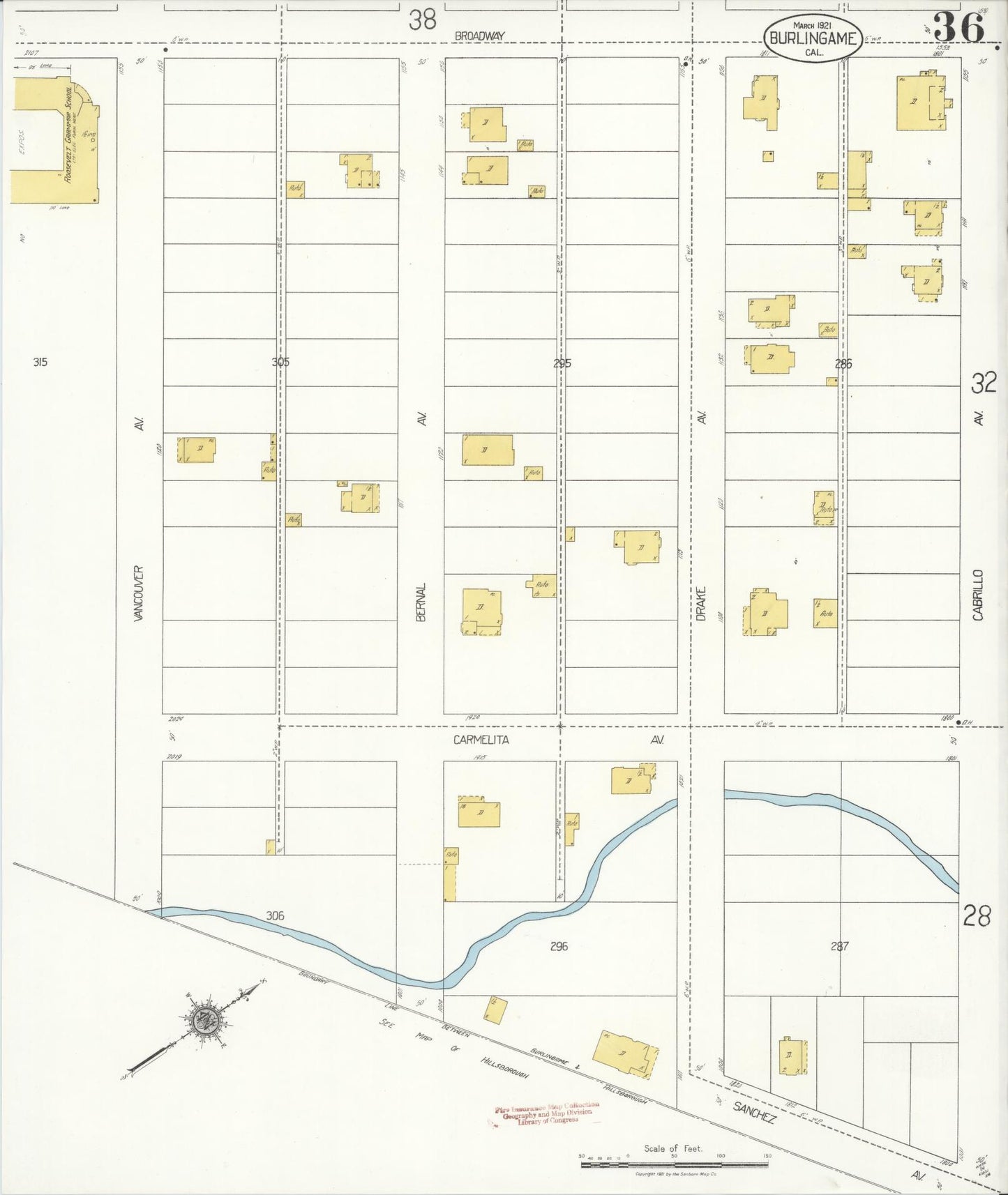 Sanborn Fire Insurance Map from Burlingame, San Mateo County, California (1921), Sheet #0036 - Historic Sanborn Fire Insurance Map Print, vintage old map wall art, antique decor, genealogy gift, California California map