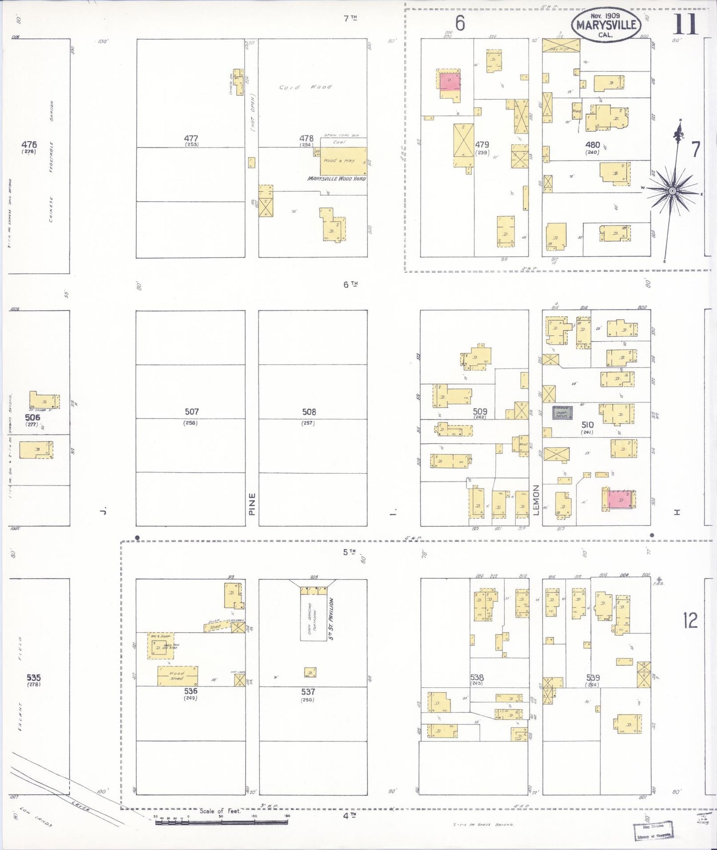 Sanborn Fire Insurance Map from Marysville, Yuba County, California (1909), Sheet #0011 - Historic Sanborn Fire Insurance Map Print, vintage old map wall art, antique decor, genealogy gift, California California map