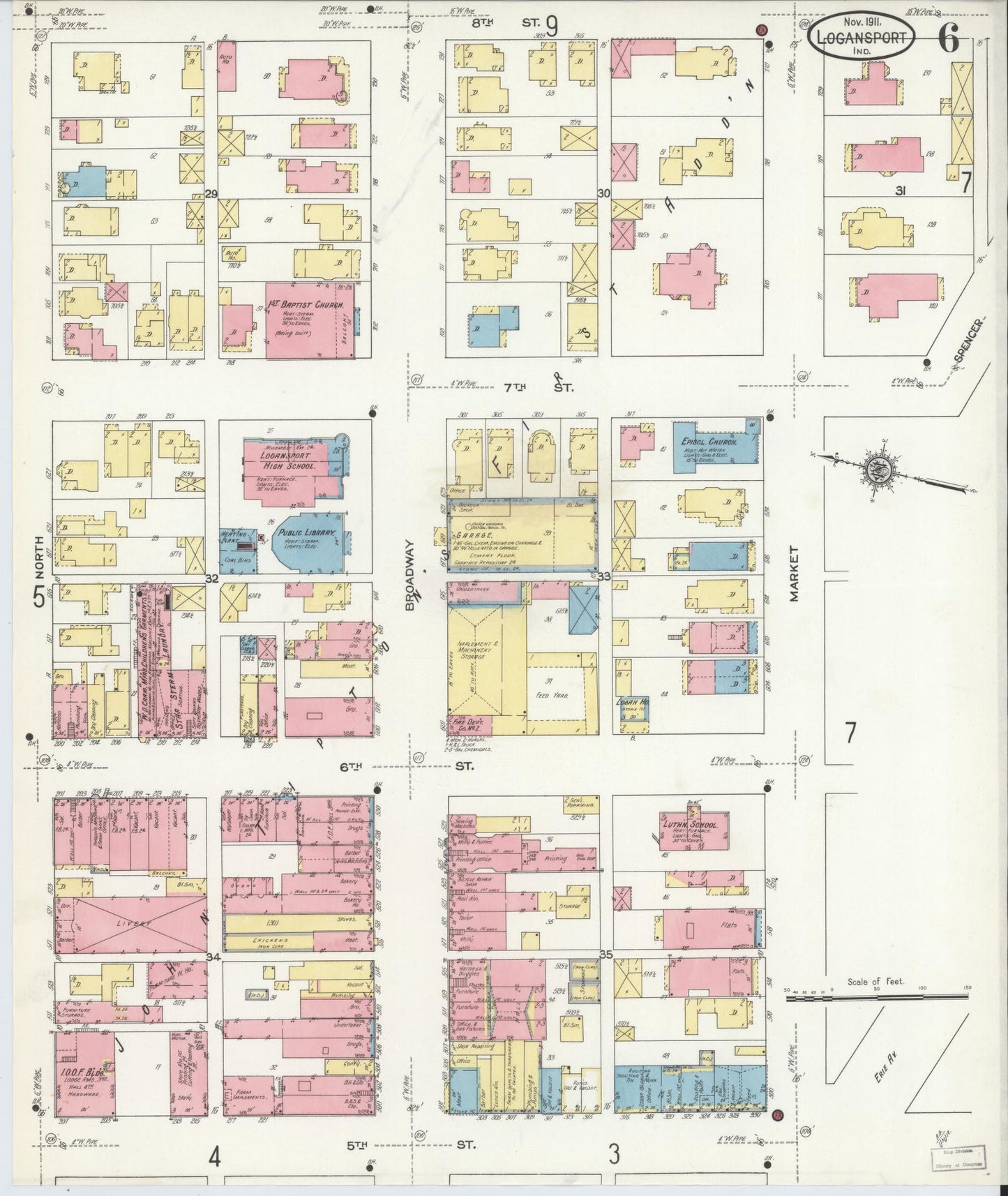Sanborn Fire Insurance Map from Logansport, Cass County, Indiana (1911), Sheet #0006 - Historic Sanborn Fire Insurance Map Print, vintage old map wall art, antique decor, genealogy gift, Indiana Indiana map