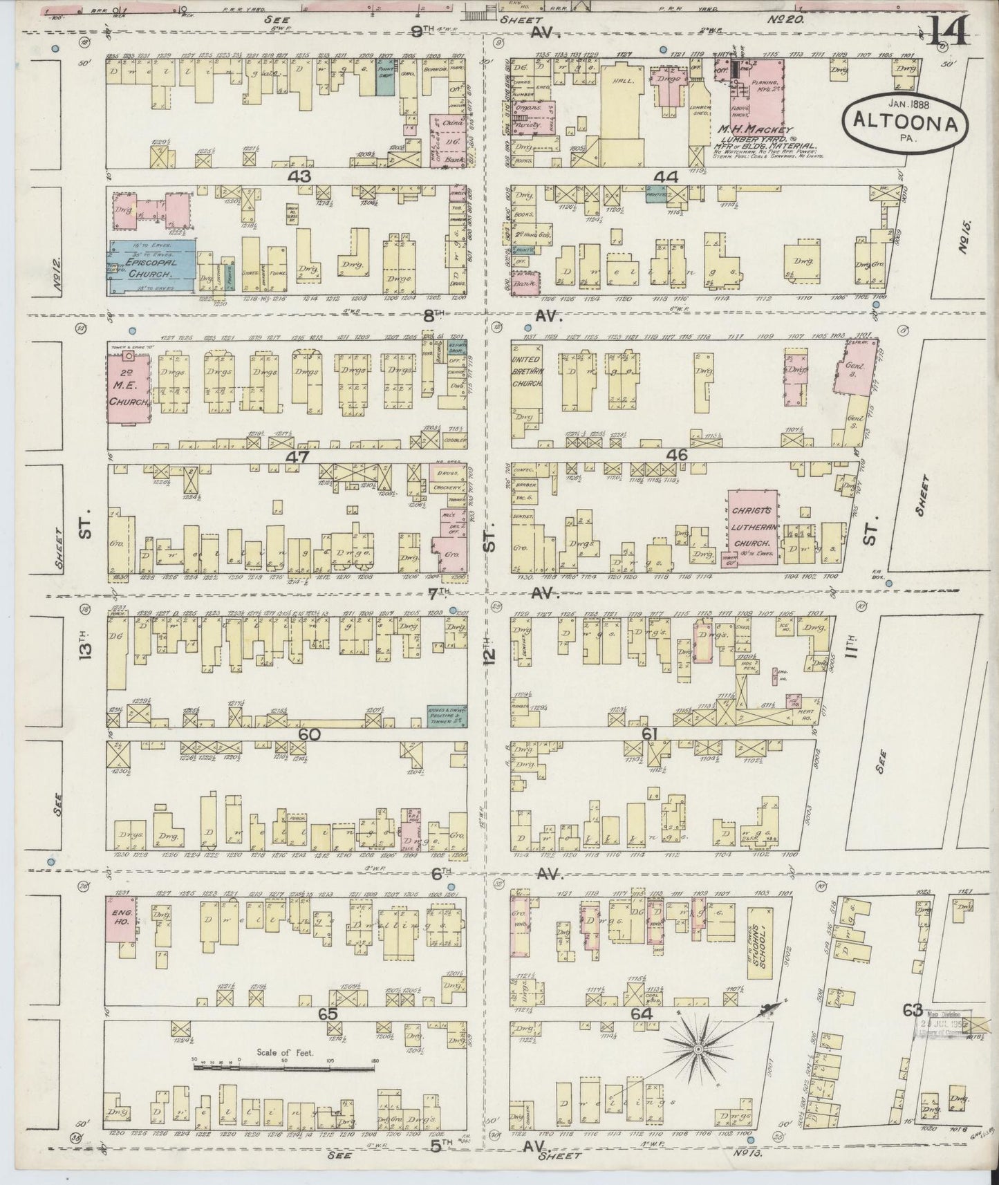 Sanborn Fire Insurance Map from Altoona, Blair County, Pennsylvania (1888), Sheet #0014 - Historic Sanborn Fire Insurance Map Print, vintage old map wall art, antique decor, genealogy gift, Pennsylvania Pennsylvania map