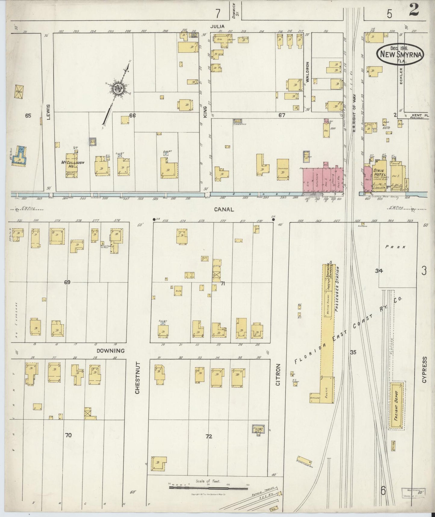 Sanborn Fire Insurance Map from New Smyrna, Valusia County, Florida (1916), Sheet #0002 - Historic Sanborn Fire Insurance Map Print, vintage old map wall art, antique decor, genealogy gift, Florida Florida map