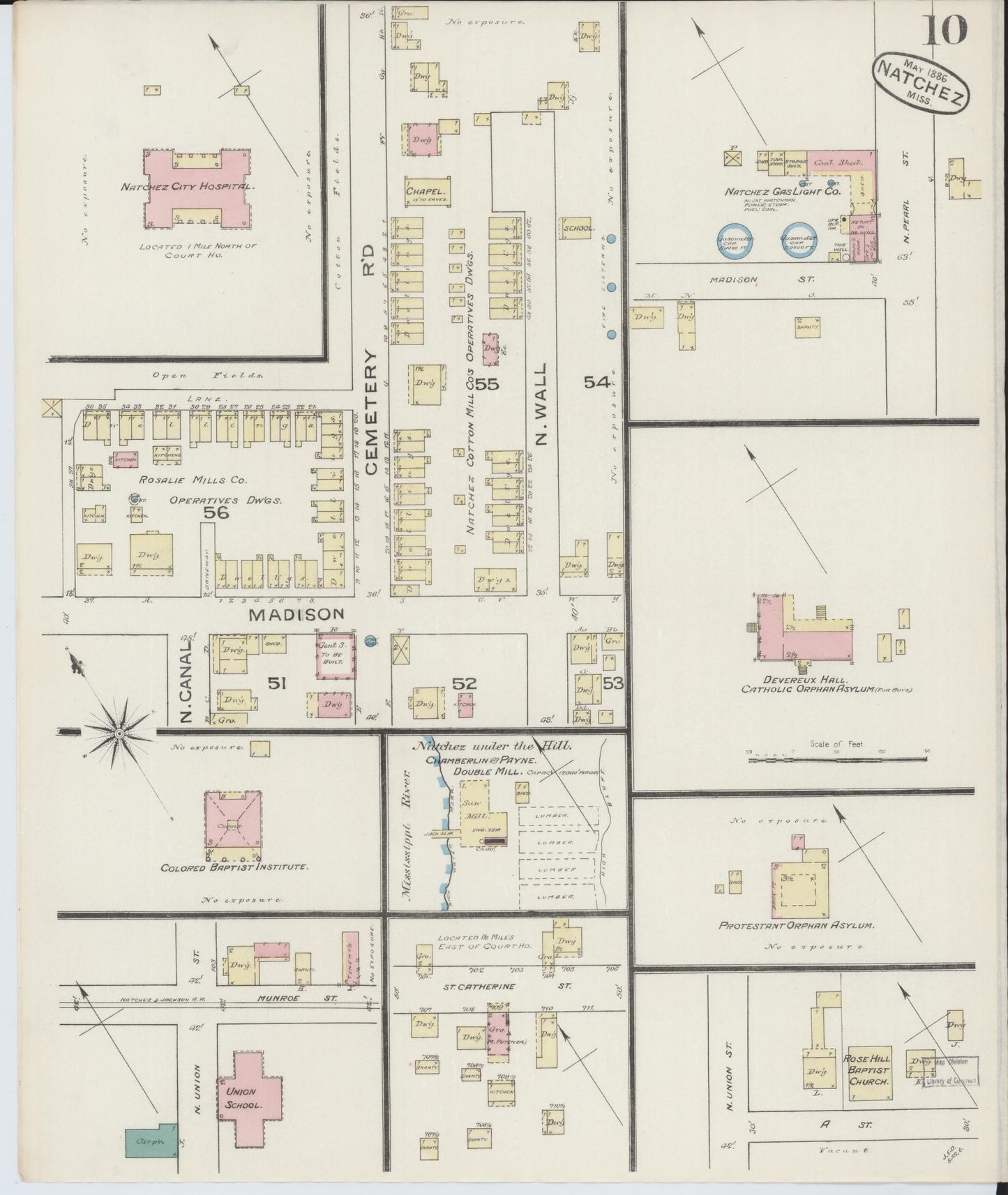 Sanborn Fire Insurance Map from Natchez, Adams County, Mississippi (1886), Sheet #0010 - Historic Sanborn Fire Insurance Map Print, vintage old map wall art, antique decor, genealogy gift, Mississippi Mississippi map