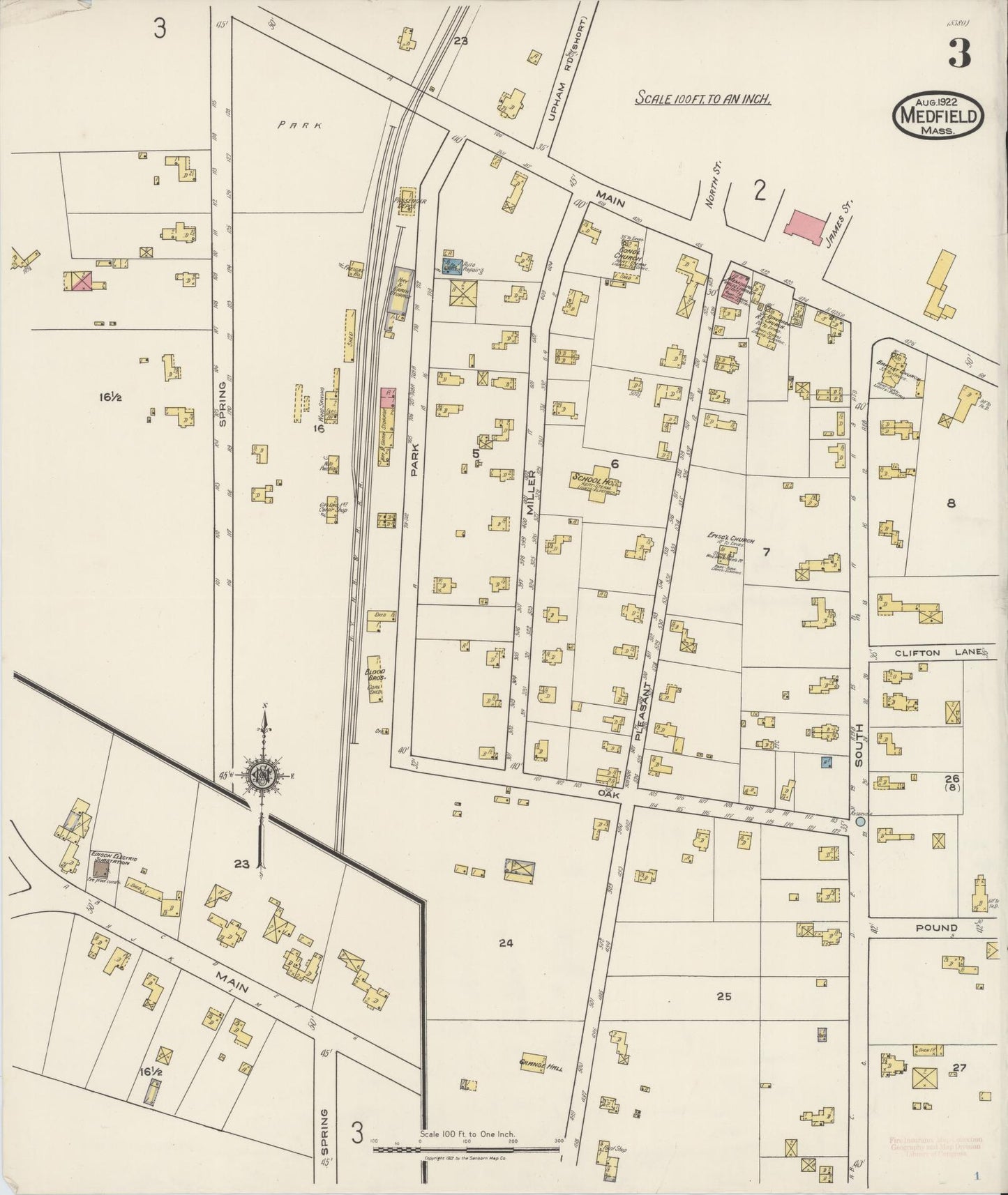 Sanborn Fire Insurance Map from Medfield, Norfolk County, Massachusetts (1922), Sheet #0003 - Complete Map Set gallery image, historic Sanborn map, vintage wall art, Massachusetts Massachusetts