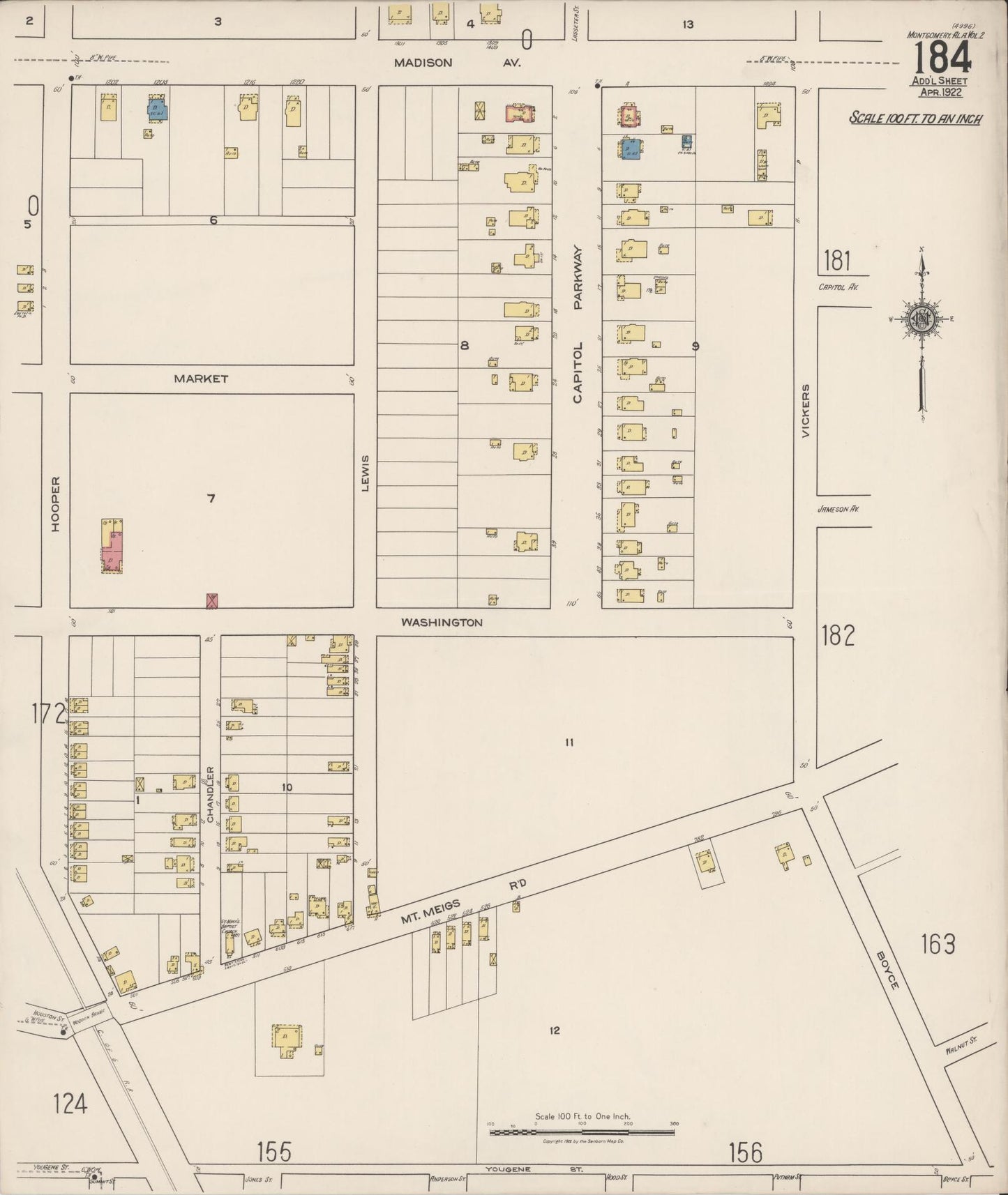 Sanborn Fire Insurance Map from Montgomery, Montgomery County, Alabama (1922), Sheet #0184 - Historic Sanborn Fire Insurance Map Print, vintage old map wall art, antique decor, genealogy gift, Alabama Alabama map