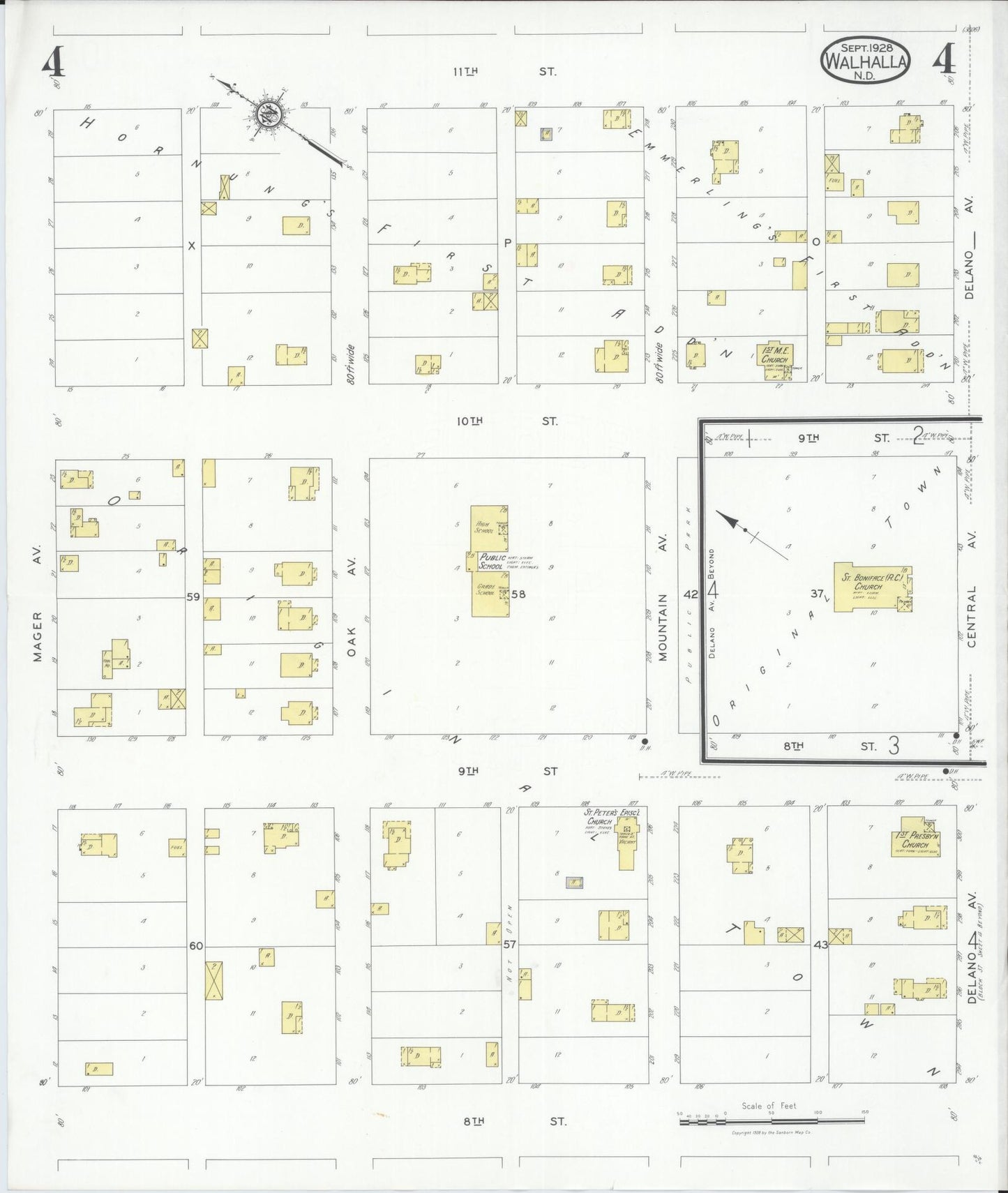 Sanborn Fire Insurance Map from Walhalla, Pembina County, North Dakota (1928), Sheet #0004 - Complete Map Set gallery image, historic Sanborn map, vintage wall art, North Dakota North Dakota