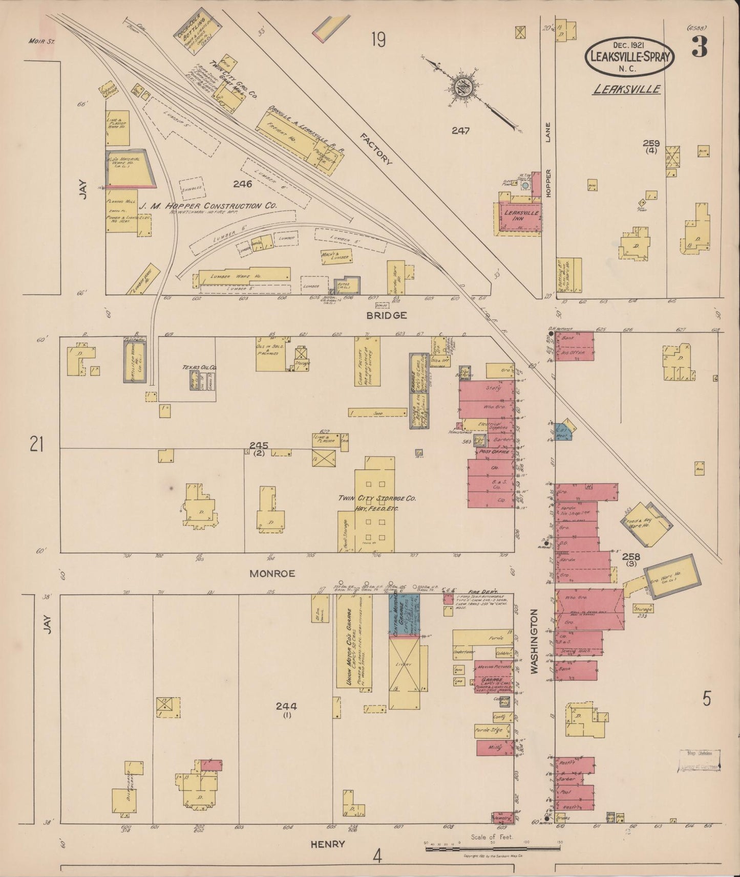 Sanborn Fire Insurance Map from Leaksville-spray, Rockingham County, North Carolina (1921), Sheet #0003 - Historic Sanborn Fire Insurance Map Print, vintage old map wall art, antique decor, genealogy gift, North Carolina North Carolina map