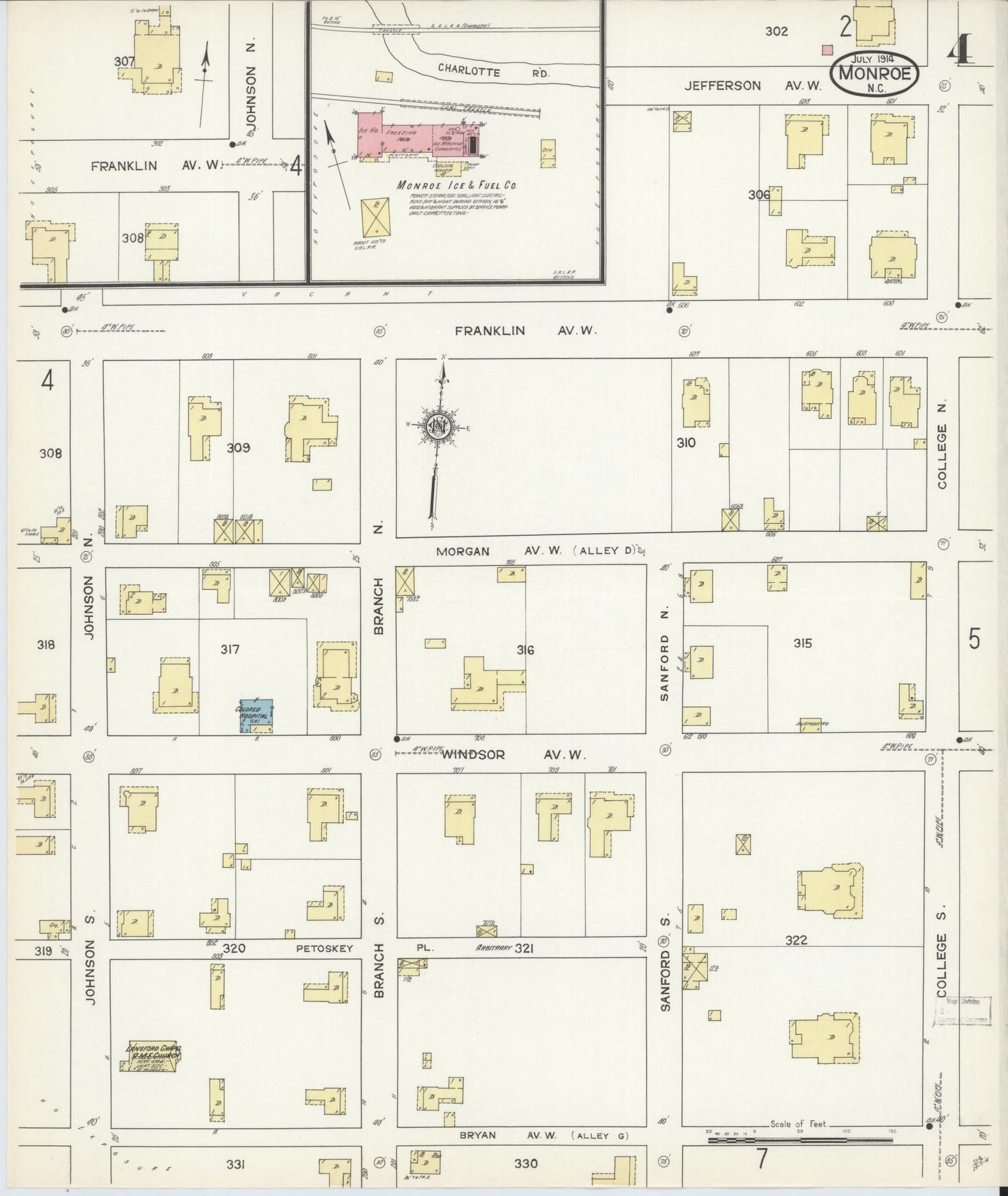 Sanborn Fire Insurance Map from Monroe, Union County, North Carolina (1914), Sheet #0004 - Historic Sanborn Fire Insurance Map Print, vintage old map wall art, antique decor, genealogy gift, North Carolina North Carolina map