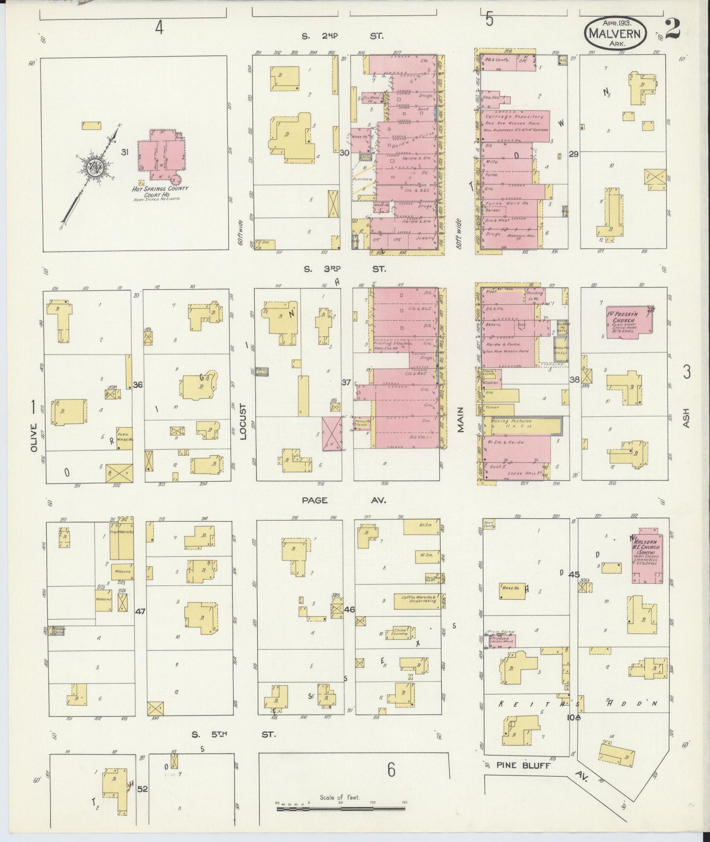Sanborn Fire Insurance Map from Malvern, Hot Springs County, Arkansas (1913), Sheet #0002 - Historic Sanborn Fire Insurance Map Print, vintage old map wall art, antique decor, genealogy gift, Arkansas Arkansas map