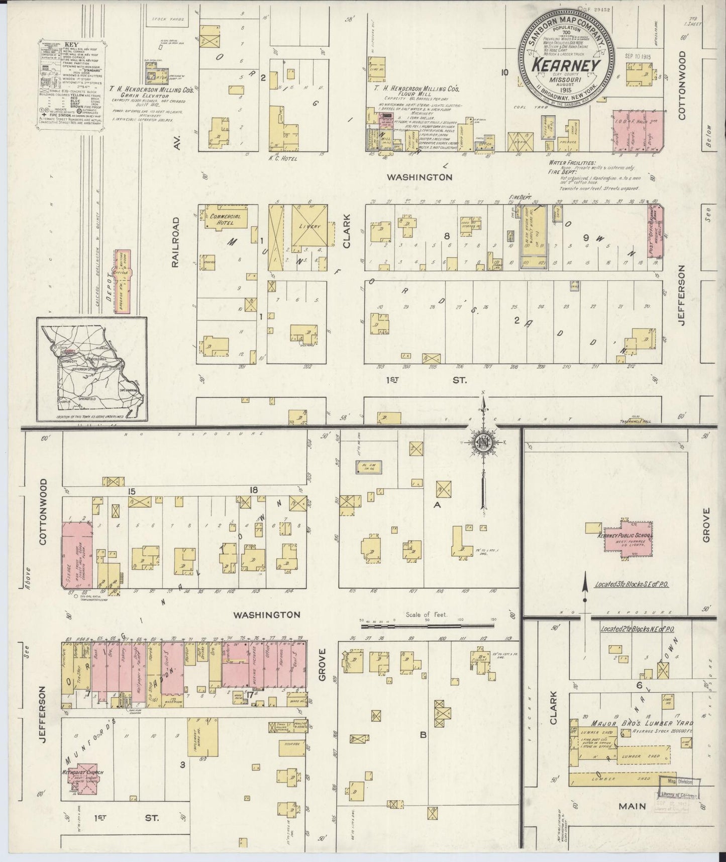 Sanborn Fire Insurance Map from Kearney, Clay County, Missouri (1915), Sheet #0001 - Historic Sanborn Fire Insurance Map Print, vintage old map wall art, antique decor, genealogy gift, Missouri Missouri map