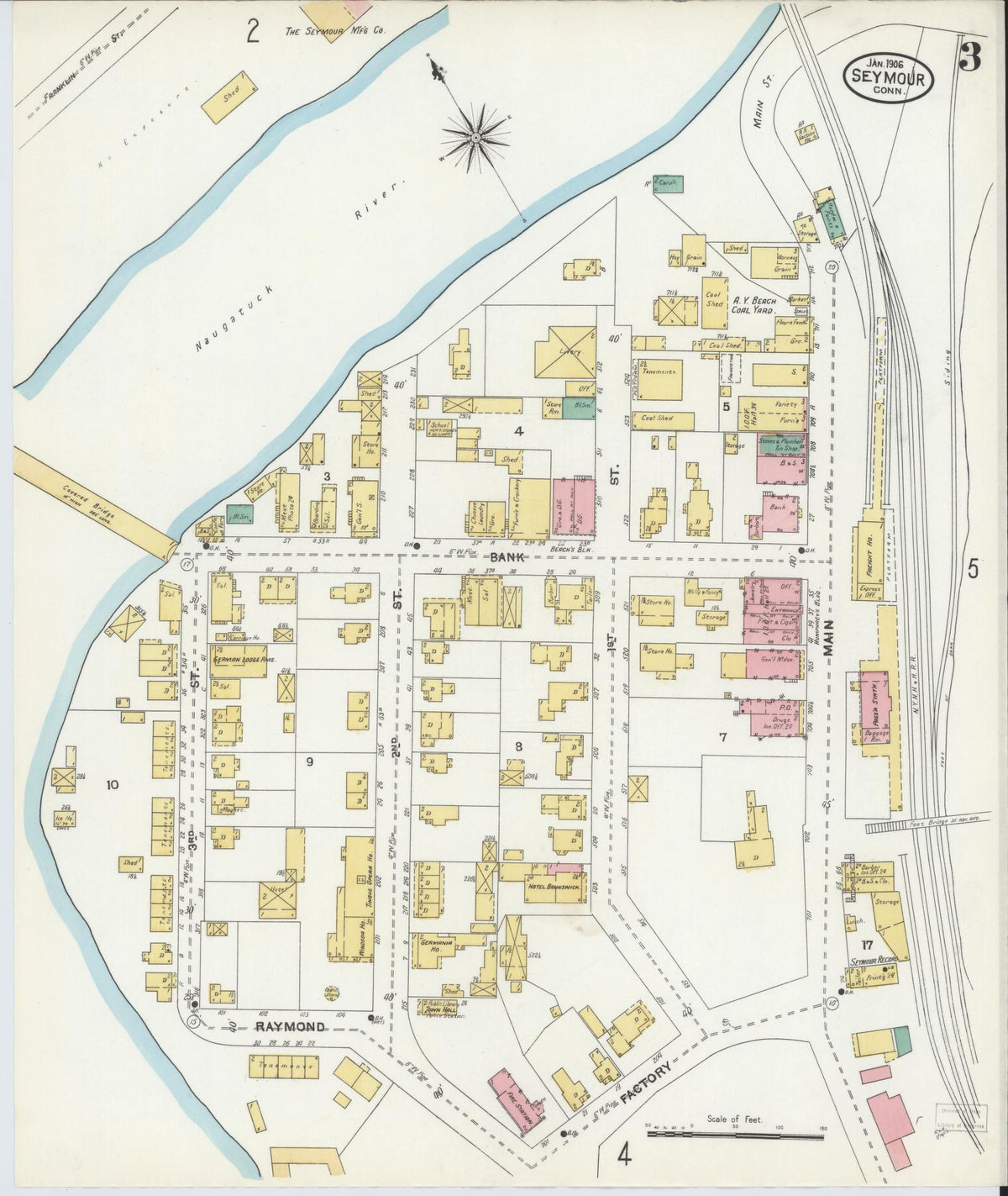 Sanborn Fire Insurance Map from Seymour, New Haven County, Connecticut (1906), Sheet #0003 - Historic Sanborn Fire Insurance Map Print, vintage old map wall art, antique decor, genealogy gift, Connecticut Connecticut map