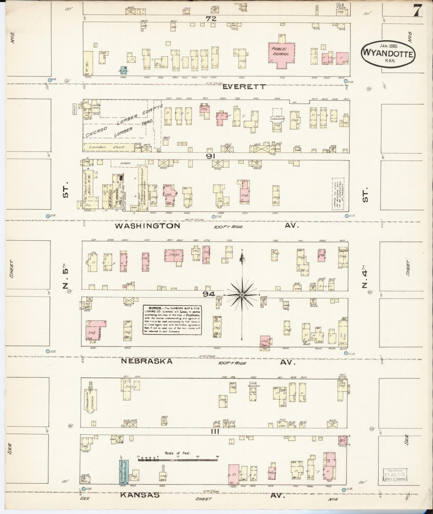 Sanborn Fire Insurance Map from Wyandotte, Wyandotte County, Kansas (1885), Sheet #0007 - Historic Sanborn Fire Insurance Map Print, vintage old map wall art, antique decor, genealogy gift, Kansas Kansas map