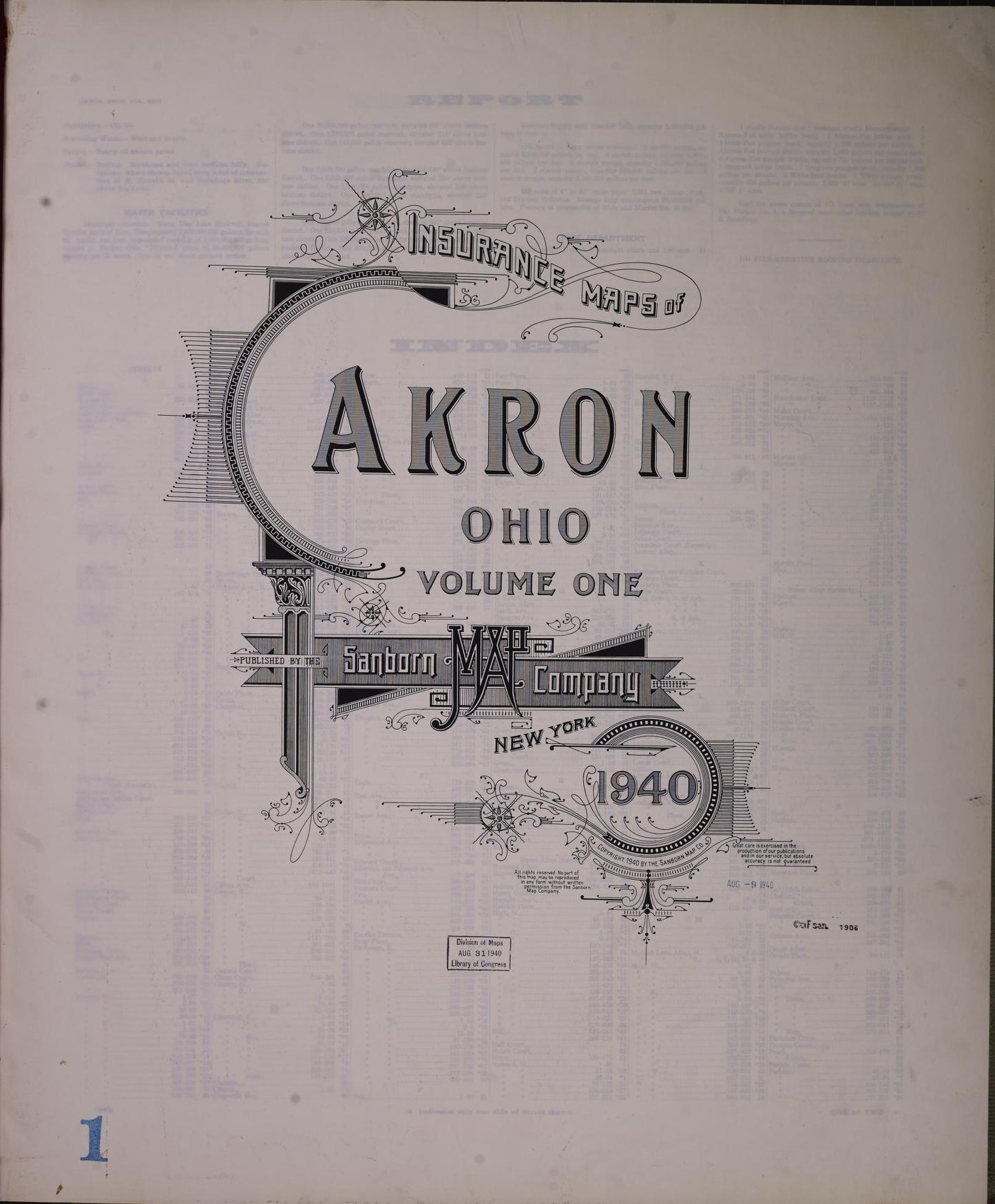 Sanborn Fire Insurance Map from Akron, Summit County, Ohio (1940), Sheet #0001 - Historic Sanborn Fire Insurance Map Print, vintage old map wall art, antique decor, genealogy gift, Ohio Ohio map