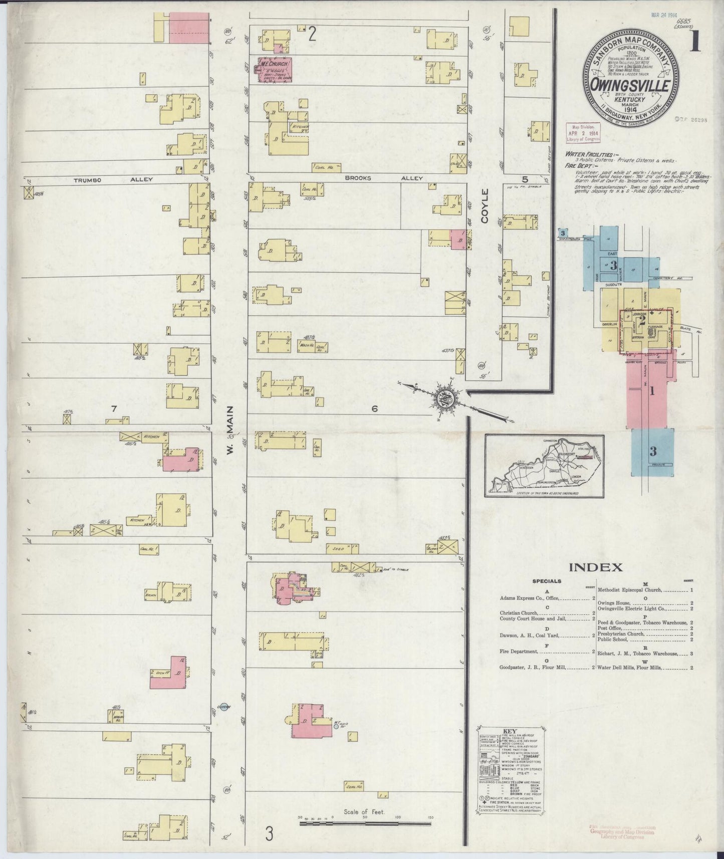 Sanborn Fire Insurance Map from Owingsville, Bath County, Kentucky (1914), Sheet #0001 - Historic Sanborn Fire Insurance Map Print, vintage old map wall art, antique decor, genealogy gift, Kentucky Kentucky map