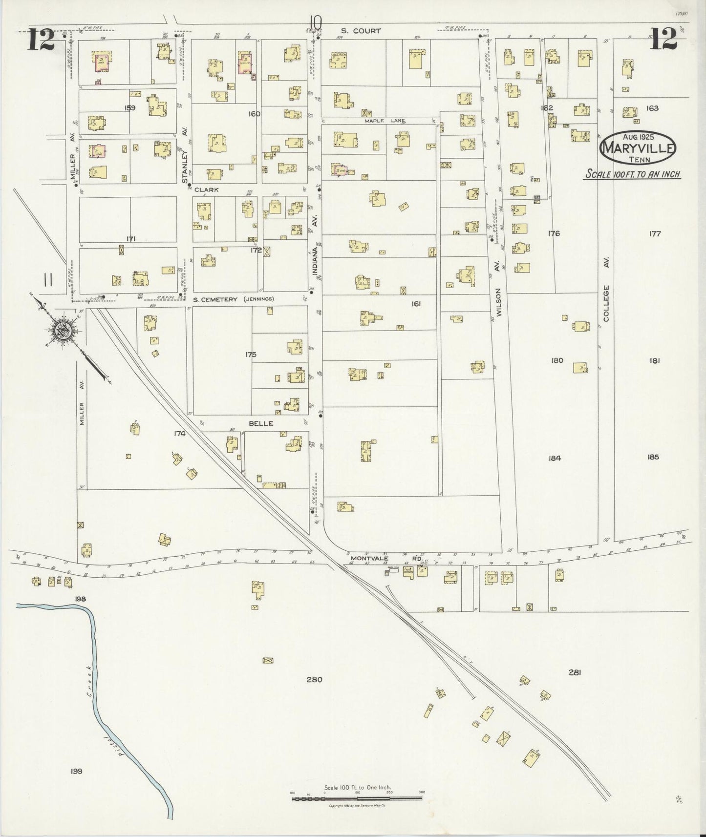 Sanborn Fire Insurance Map from Maryville, Blount County, Tennessee (1925), Sheet #0012 - Historic Sanborn Fire Insurance Map Print, vintage old map wall art, antique decor, genealogy gift, Tennessee Tennessee map
