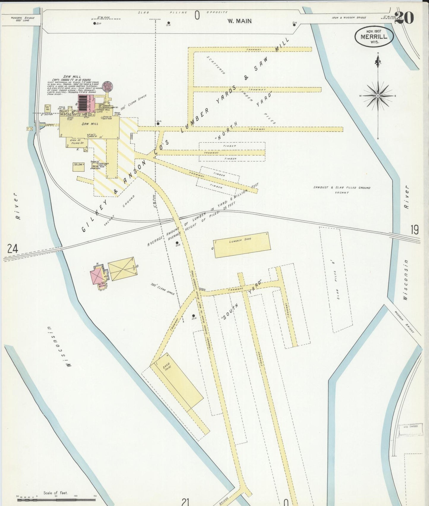Sanborn Fire Insurance Map from Merrill, Lincoln County, Wisconsin (1907), Sheet #0020 - Historic Sanborn Fire Insurance Map Print, vintage old map wall art, antique decor, genealogy gift, Wisconsin Wisconsin map