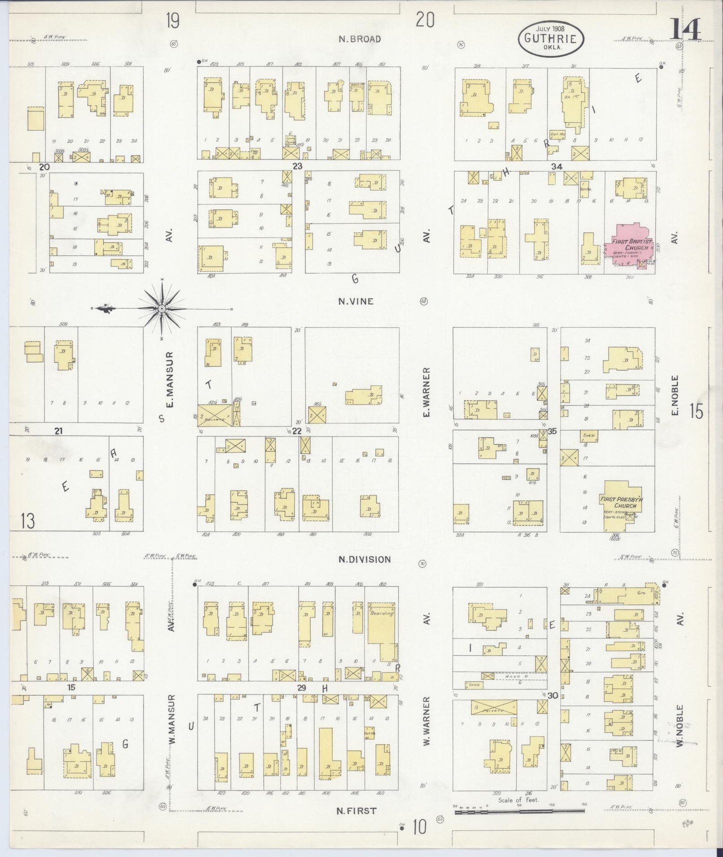 Sanborn Fire Insurance Map from Guthrie, Logan County, Oklahoma (1908), Sheet #0014 - Historic Sanborn Fire Insurance Map Print, vintage old map wall art, antique decor, genealogy gift, Oklahoma Oklahoma map