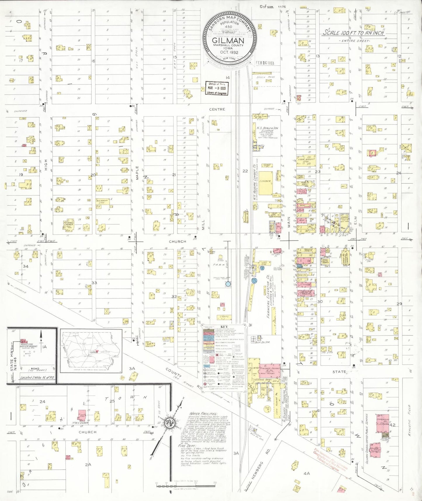 Sanborn Fire Insurance Map from Gilman, Marshall County, Iowa (1932), Sheet #0001 - Historic Sanborn Fire Insurance Map Print, vintage old map wall art
