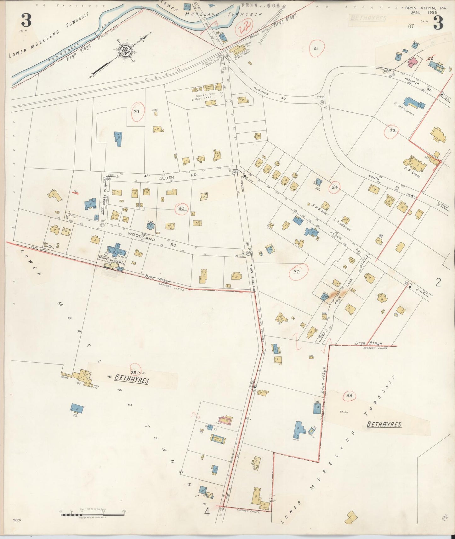Sanborn Fire Insurance Map from Bryn Athyn, Montgomery County, Pennsylvania (1941), Sheet #0003 - Historic Sanborn Fire Insurance Map Print, vintage old map wall art, antique decor, genealogy gift, Pennsylvania Pennsylvania map
