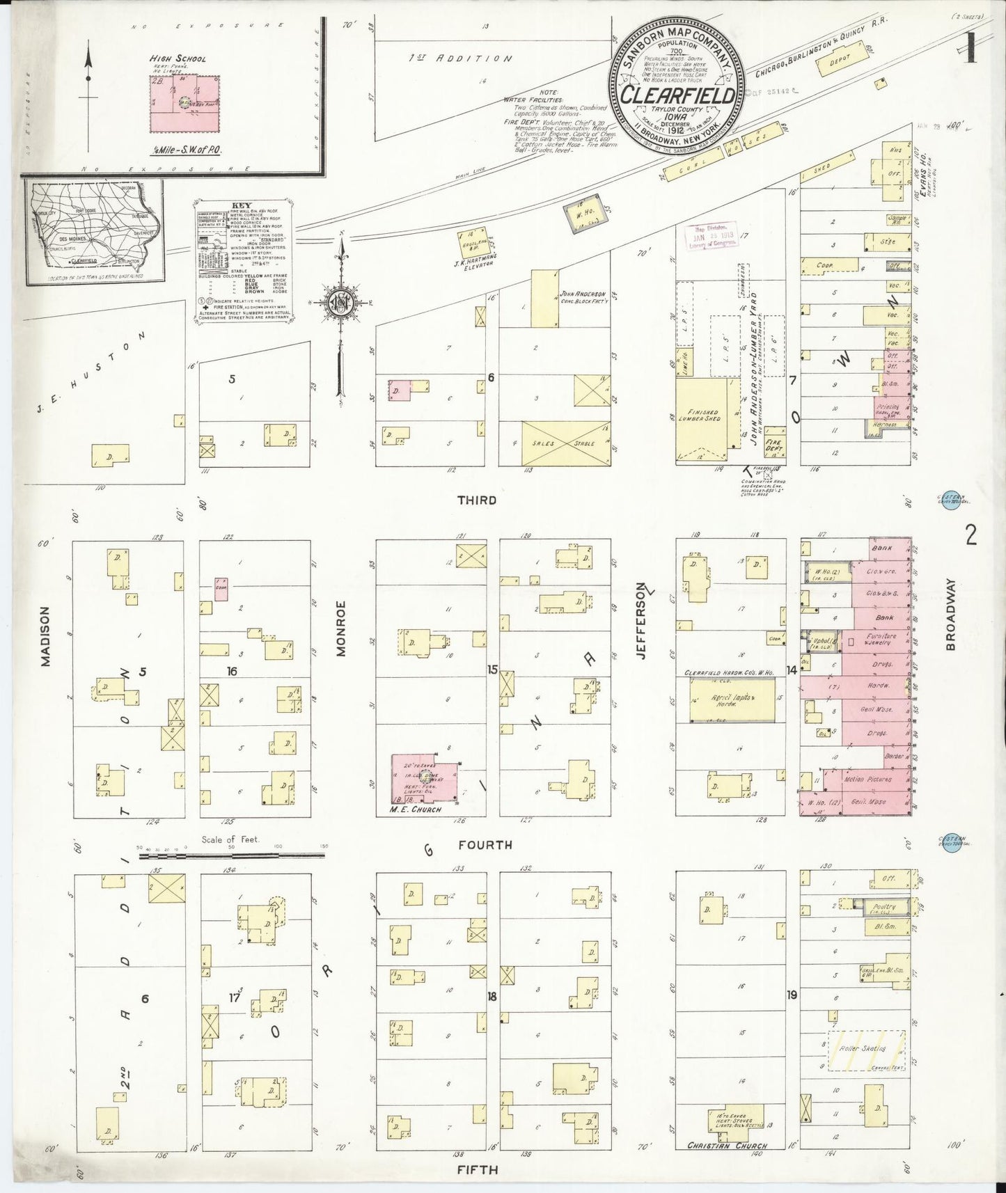 Sanborn Fire Insurance Map from Clearfield, Taylor County, Iowa (1912), Sheet #0001 - Historic Sanborn Fire Insurance Map Print, vintage old map wall art