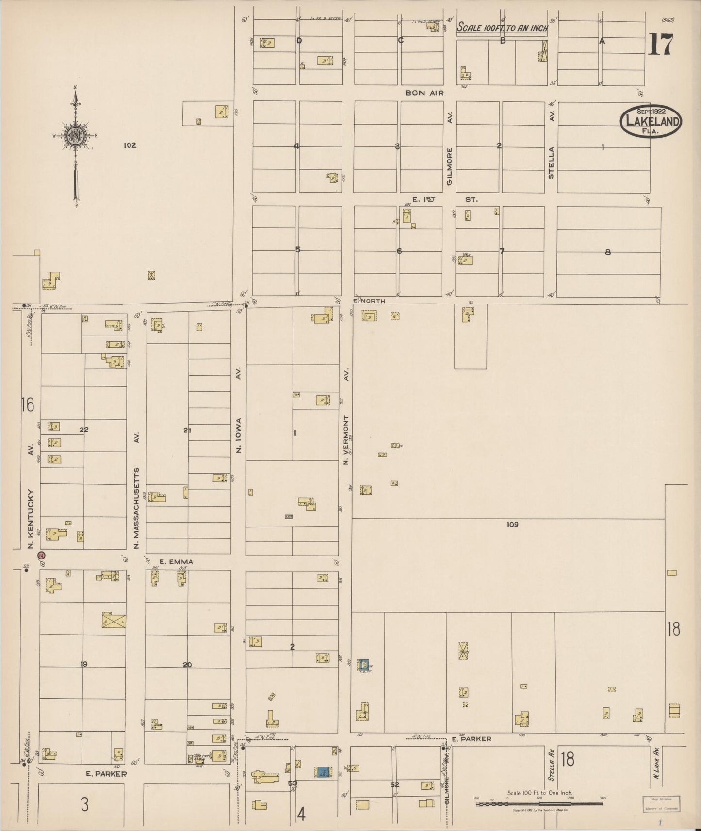 Sanborn Fire Insurance Map from Lakeland, Polk County, Florida (1922), Sheet #0017 - Historic Sanborn Fire Insurance Map Print, vintage old map wall art, antique decor, genealogy gift, Florida Florida map