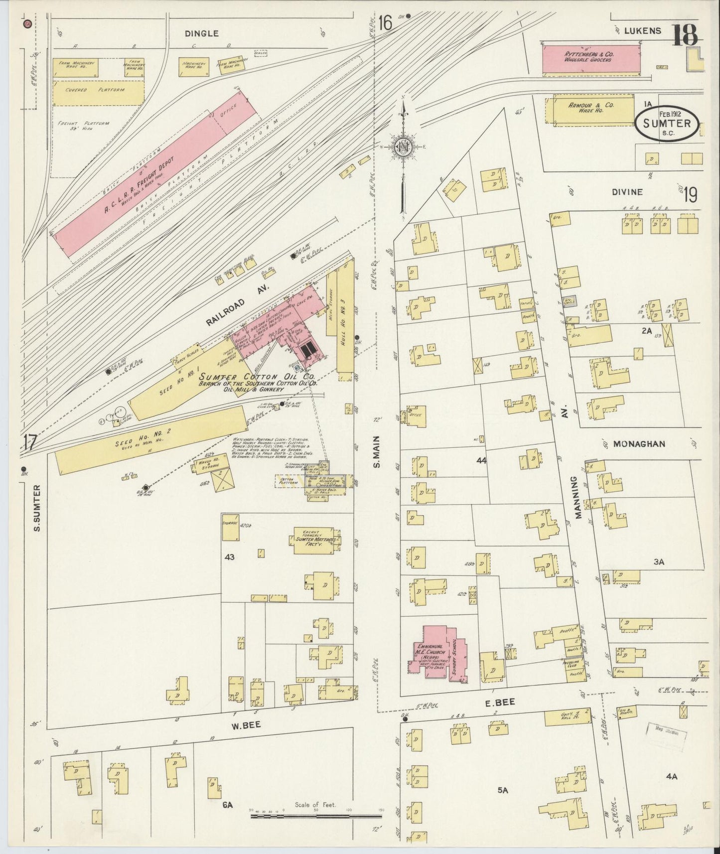 Sanborn Fire Insurance Map from Sumter, Sumter County, South Carolina (1912), Sheet #0018 - Historic Sanborn Fire Insurance Map Print, vintage old map wall art, antique decor, genealogy gift, South Carolina South Carolina map