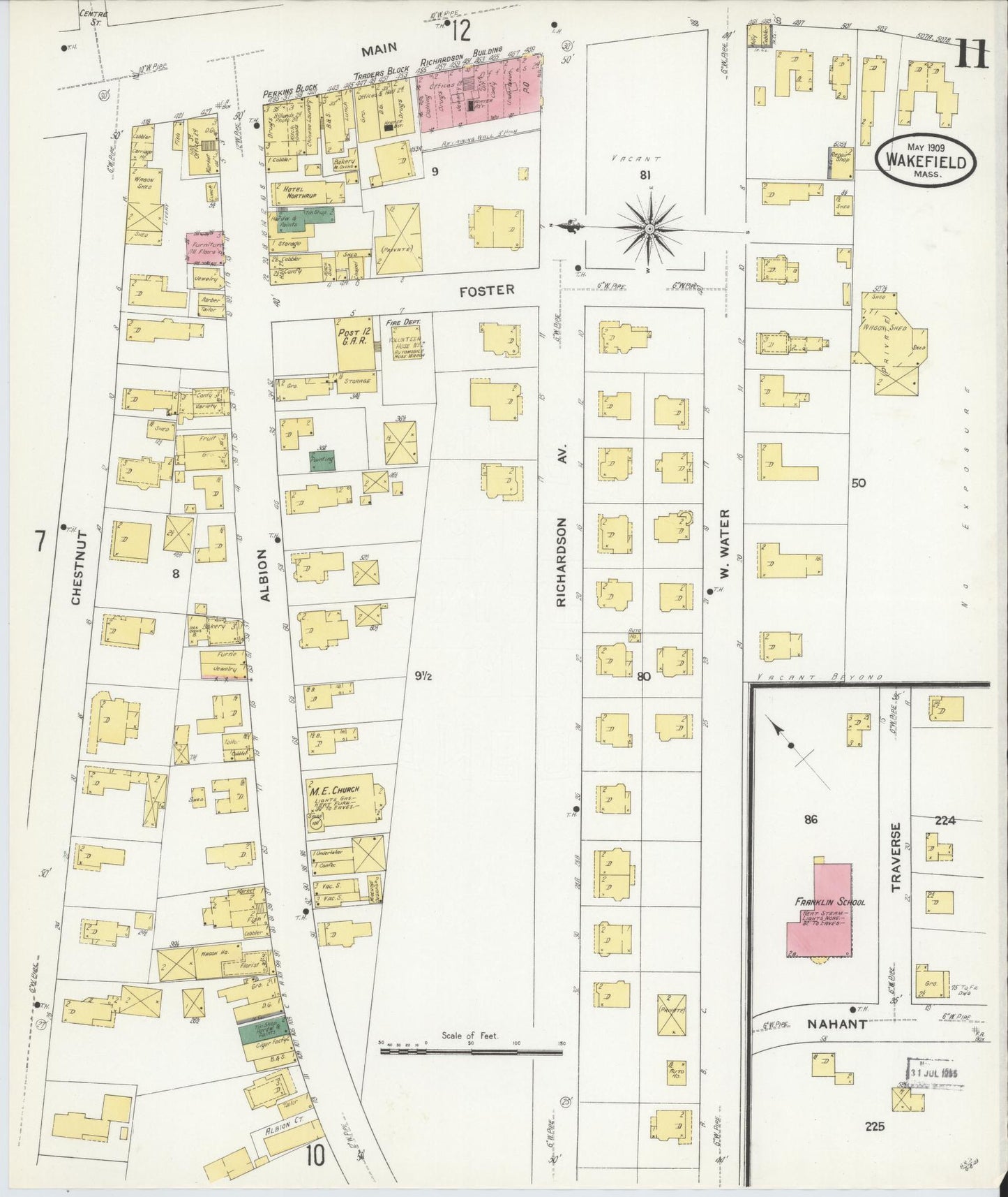 Sanborn Fire Insurance Map from Wakefield, Middlesex County, Massachusetts (1909), Sheet #0011 - Historic Sanborn Fire Insurance Map Print, vintage old map wall art, antique decor, genealogy gift, Massachusetts Massachusetts map