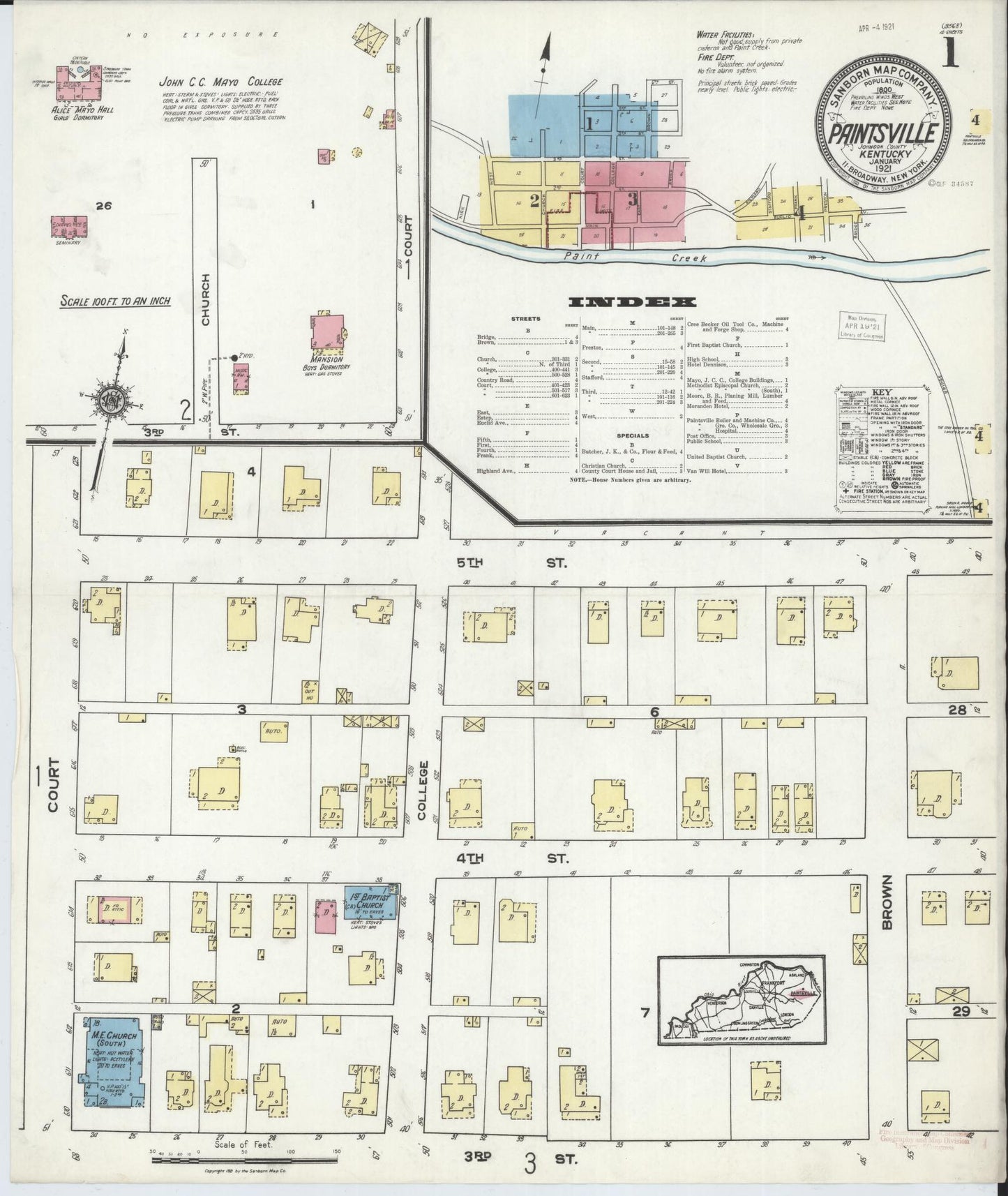 Sanborn Fire Insurance Map from Paintsville, Johnson County, Kentucky (1921), Sheet #0001 - Historic Sanborn Fire Insurance Map Print, vintage old map wall art, antique decor, genealogy gift, Kentucky Kentucky map