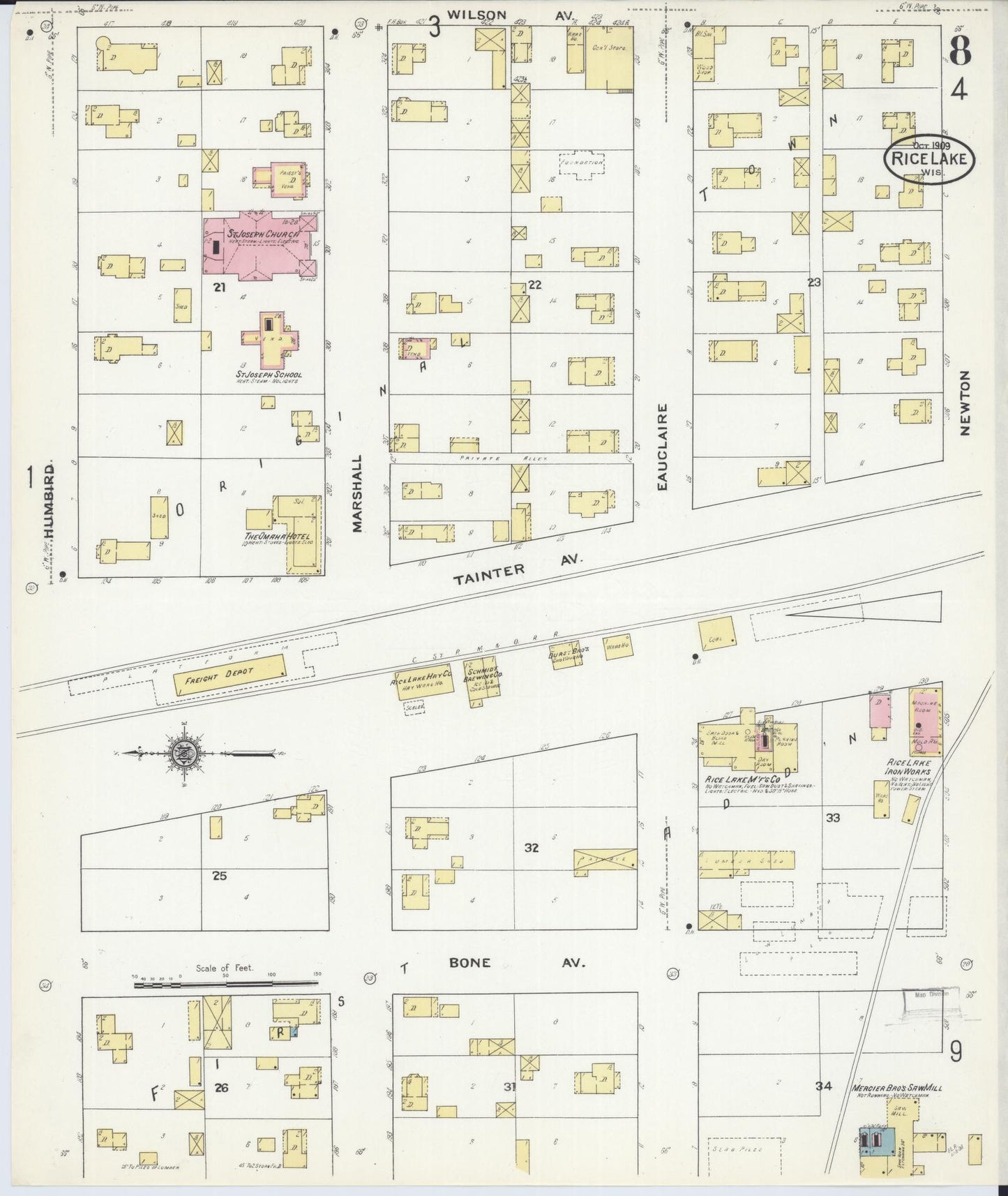 Sanborn Fire Insurance Map from Rice Lake, Barron County, Wisconsin (1909), Sheet #0008 - Historic Sanborn Fire Insurance Map Print, vintage old map wall art, antique decor, genealogy gift, Wisconsin Wisconsin map