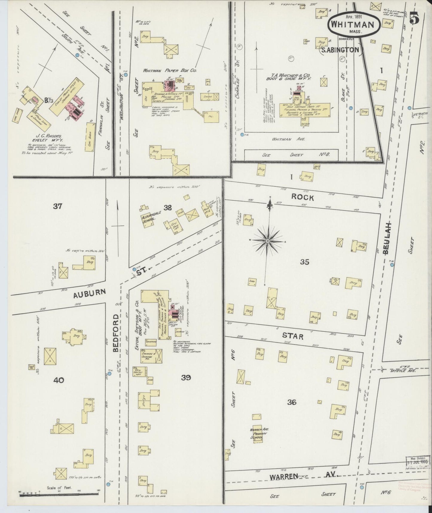 Sanborn Fire Insurance Map from Whitman, Plymouth County, Massachusetts (1891), Sheet #0005 - Historic Sanborn Fire Insurance Map Print, vintage old map wall art, antique decor, genealogy gift, Massachusetts Massachusetts map