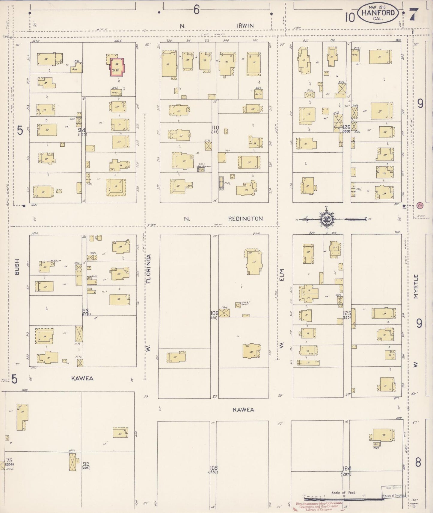 Sanborn Fire Insurance Map from Hanford, Kings County, California (1913), Sheet #0007 - Historic Sanborn Fire Insurance Map Print, vintage old map wall art, antique decor, genealogy gift, California California map