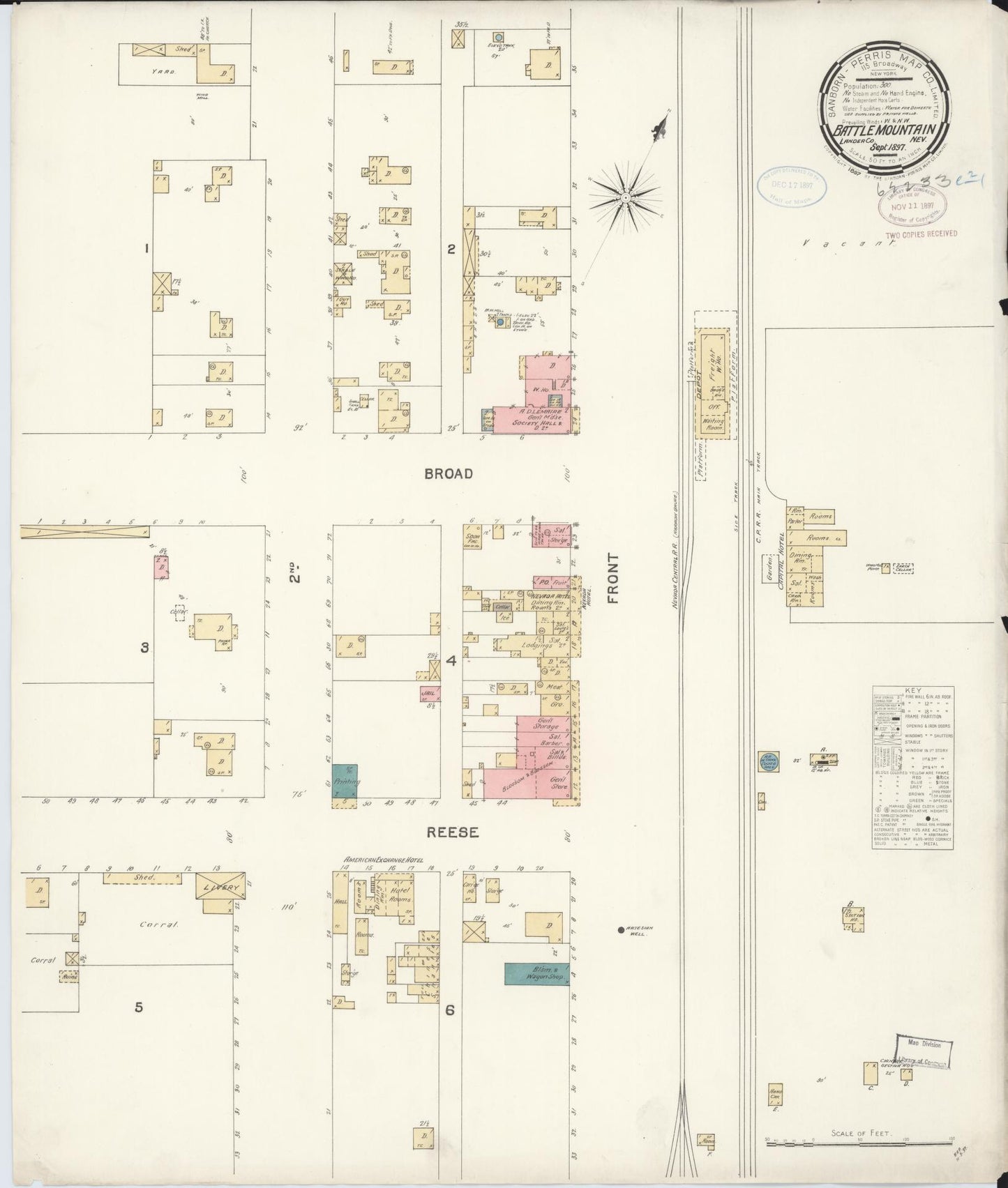 Sanborn Fire Insurance Map from Battle Mountain, Lander County, Nevada (1897), Sheet #0001 - Historic Sanborn Fire Insurance Map Print, vintage old map wall art, antique decor, genealogy gift, Nevada Nevada map