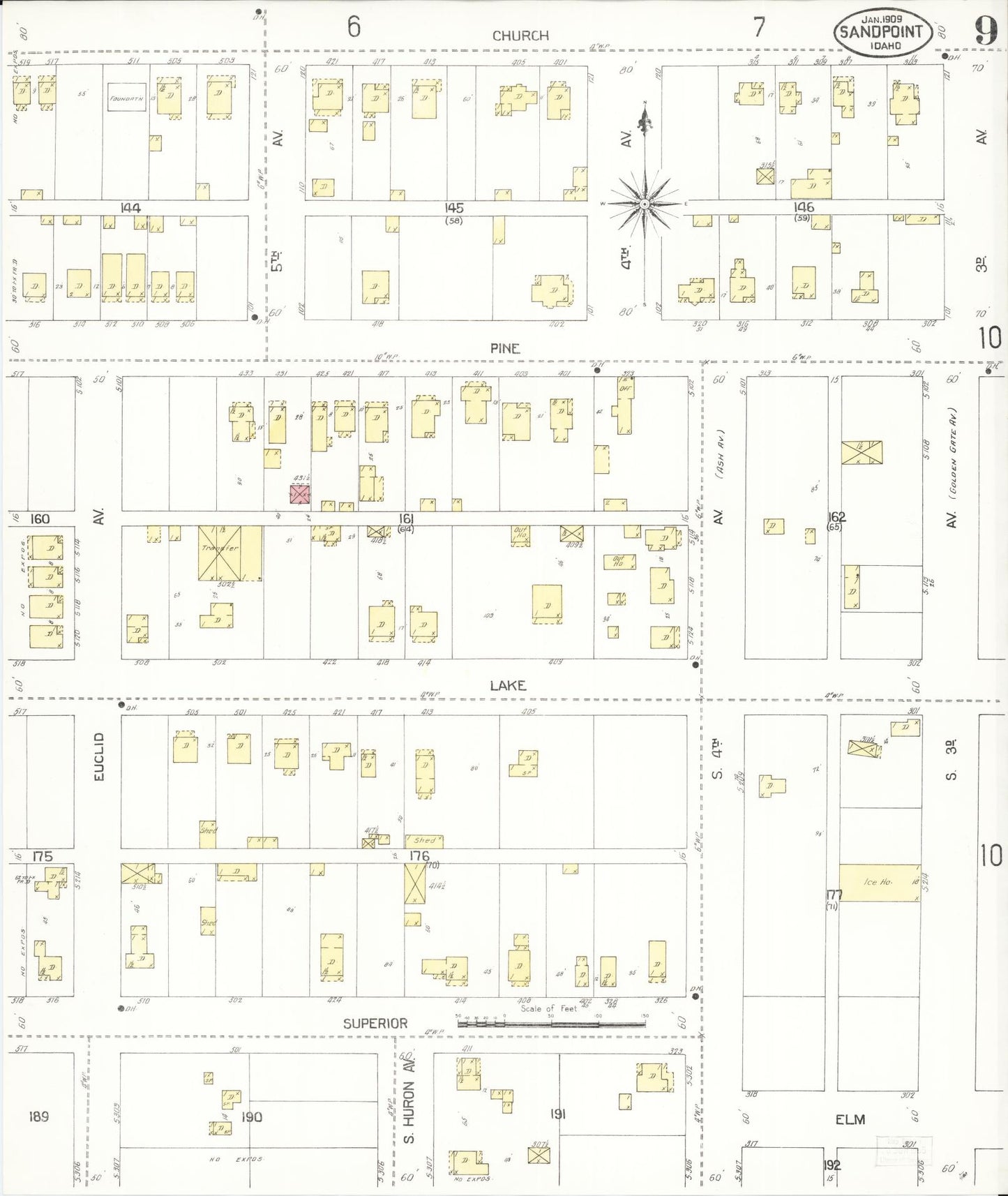 Sanborn Fire Insurance Map from Sandpoint, Bonner County, Idaho (1909), Sheet #0009 - Historic Sanborn Fire Insurance Map Print, vintage old map wall art, antique decor, genealogy gift, Idaho Idaho map