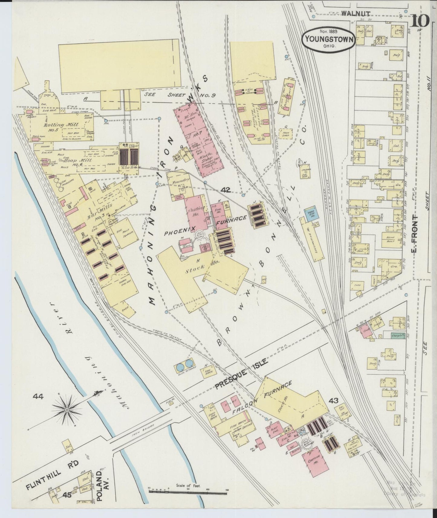 Sanborn Fire Insurance Map from Youngstown, Mahoning County, Ohio (1889), Sheet #0010 - Historic Sanborn Fire Insurance Map Print, vintage old map wall art, antique decor, genealogy gift, Ohio Ohio map
