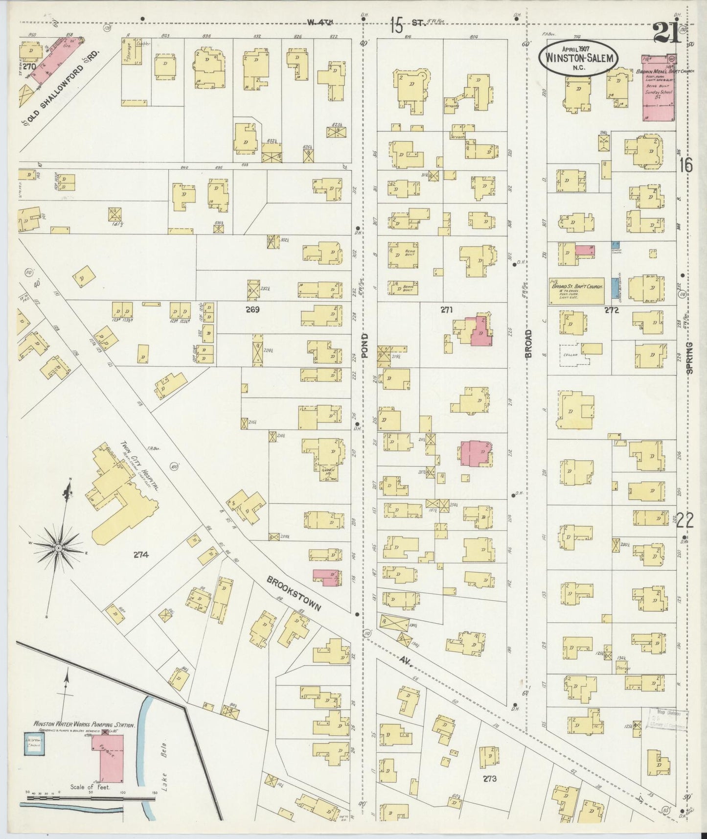 Sanborn Fire Insurance Map from Winston-Salem, Forsyth County, North Carolina (1907), Sheet #0021 - Historic Sanborn Fire Insurance Map Print, vintage old map wall art, antique decor, genealogy gift, North Carolina North Carolina map