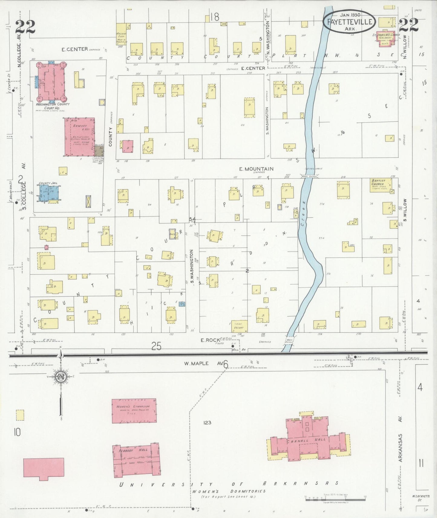 Sanborn Fire Insurance Map from Fayetteville, Washington County, Arkansas (1930), Sheet #0022 - Historic Sanborn Fire Insurance Map Print, vintage old map wall art, antique decor, genealogy gift, Arkansas Arkansas map