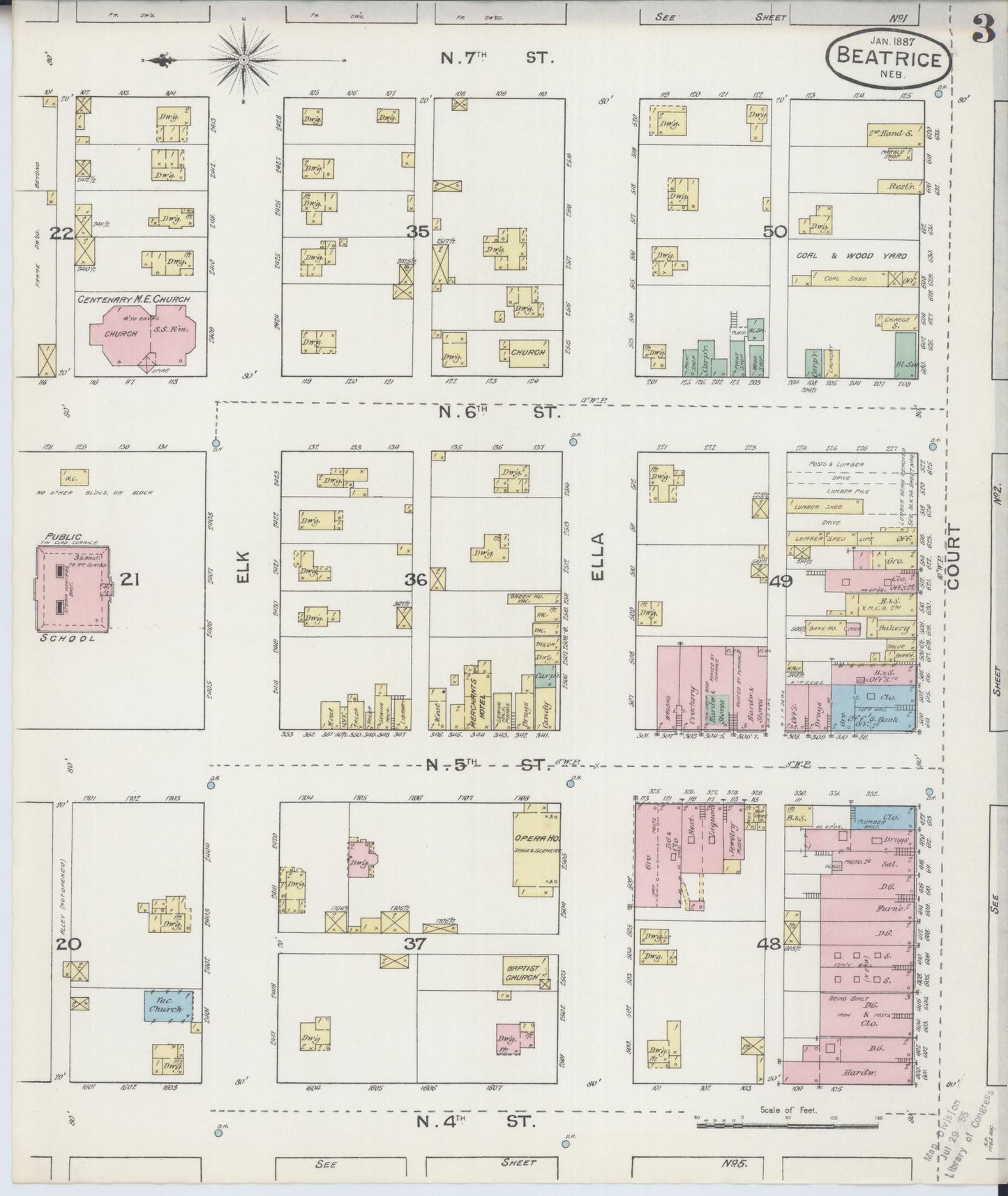 Sanborn Fire Insurance Map from Beatrice, Gage County, Nebraska (1887), Sheet #0003 - Historic Sanborn Fire Insurance Map Print, vintage old map wall art, antique decor, genealogy gift, Nebraska Nebraska map