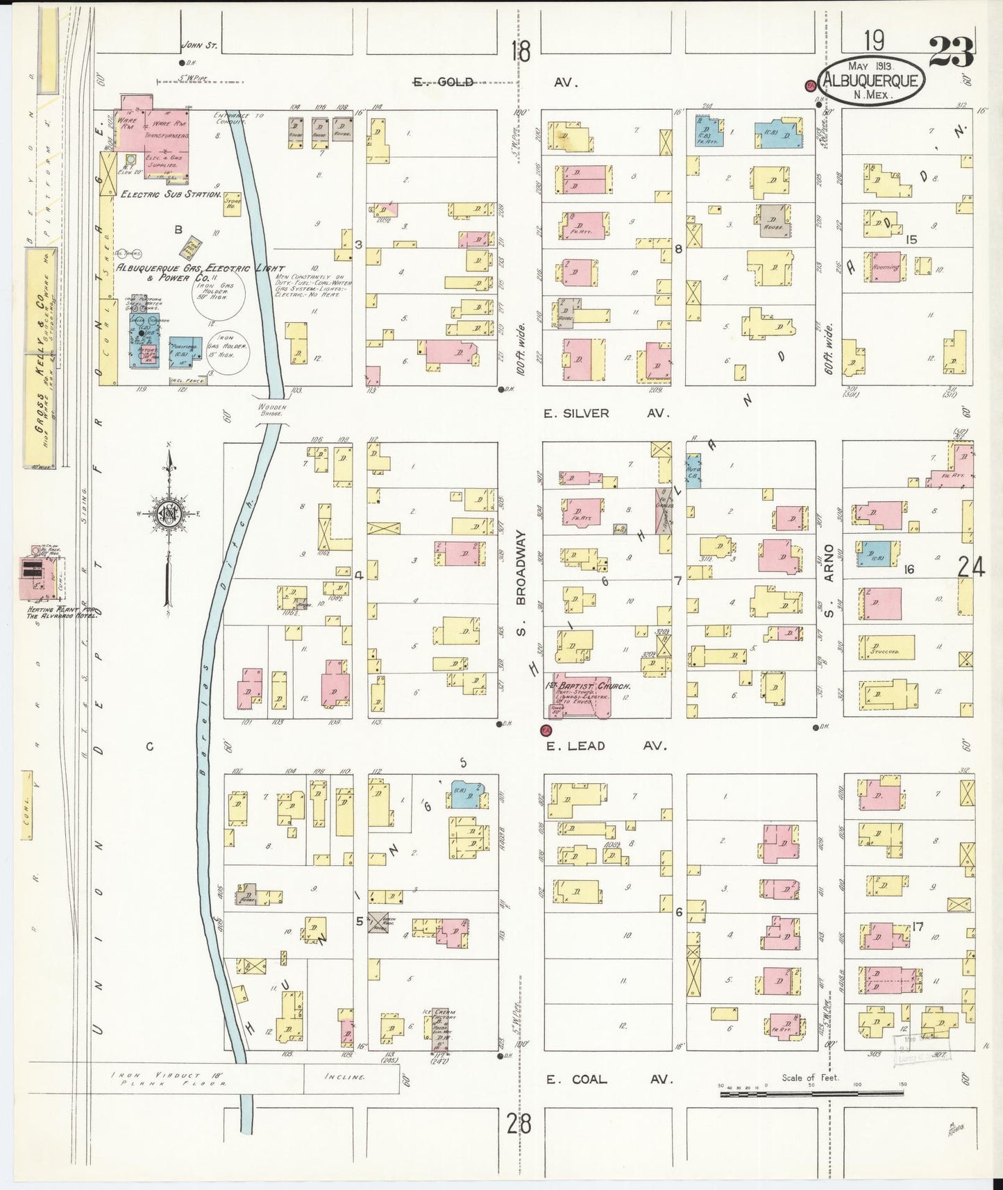 Sanborn Fire Insurance Map from Albuquerque, Bernalillo County, New Mexico (1913), Sheet #0023 - Historic Sanborn Fire Insurance Map Print, vintage old map wall art, antique decor, genealogy gift, New Mexico New Mexico map
