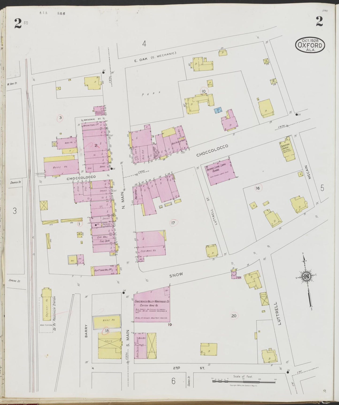 Sanborn Fire Insurance Map from Oxford, Calhoun County, Alabama (1928), Sheet #0002 - Historic Sanborn Fire Insurance Map Print, vintage old map wall art, antique decor, genealogy gift, Alabama Alabama map
