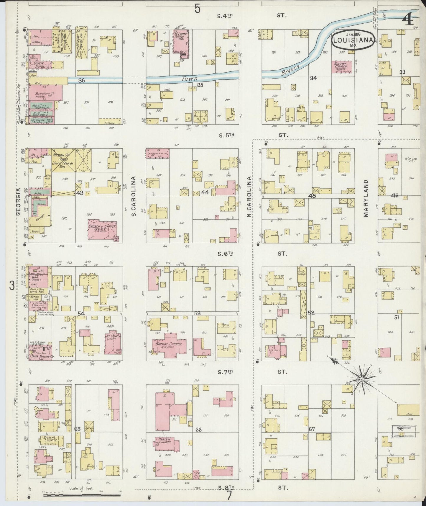 Sanborn Fire Insurance Map from Louisiana, Pike County, Missouri (1896), Sheet #0004 - Historic Sanborn Fire Insurance Map Print, vintage old map wall art, antique decor, genealogy gift, Missouri Missouri map
