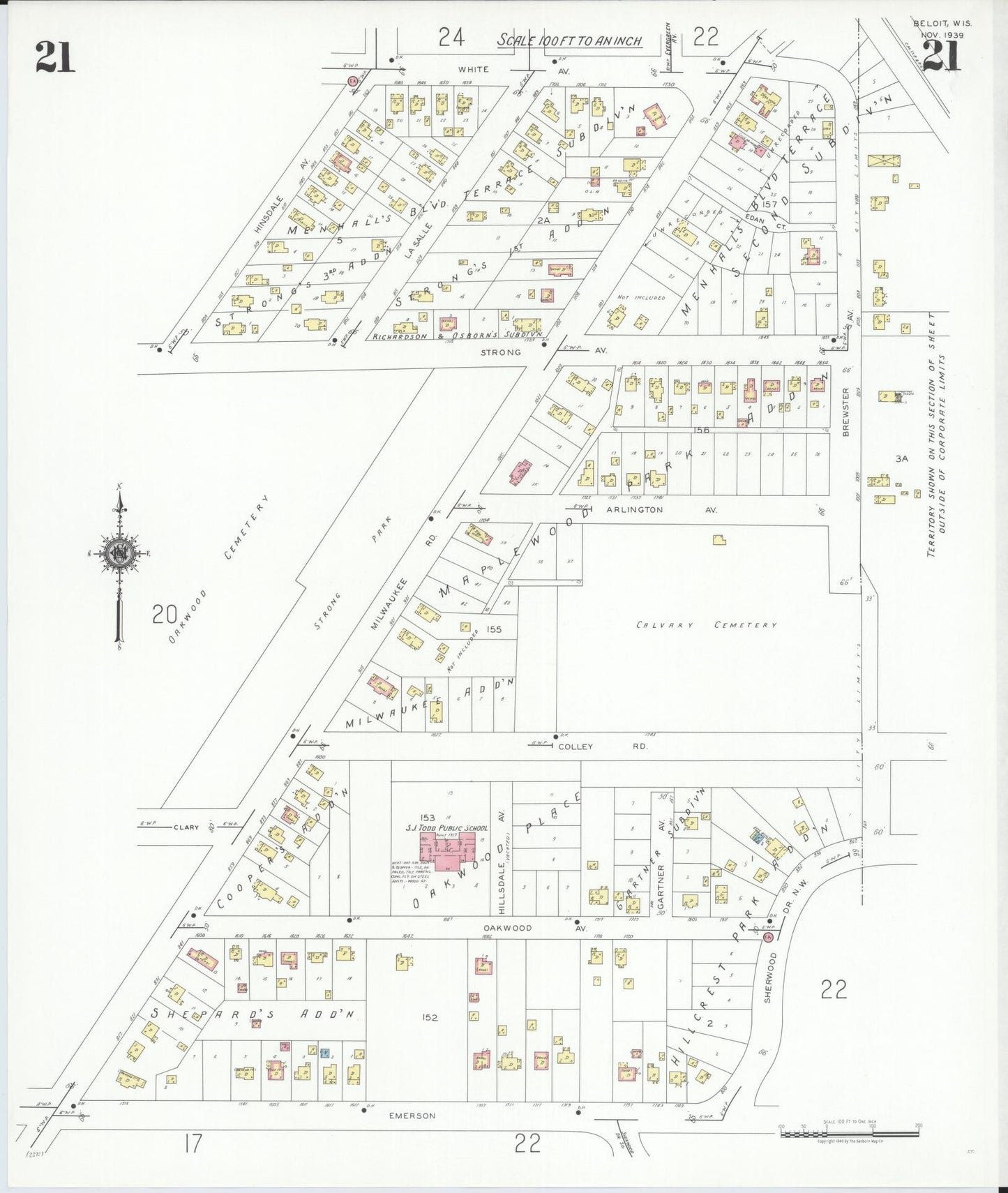 Sanborn Fire Insurance Map from Beloit, Rock County, Wisconsin (1939), Sheet #0021 - Historic Sanborn Fire Insurance Map Print, vintage old map wall art, antique decor, genealogy gift, Wisconsin Wisconsin map