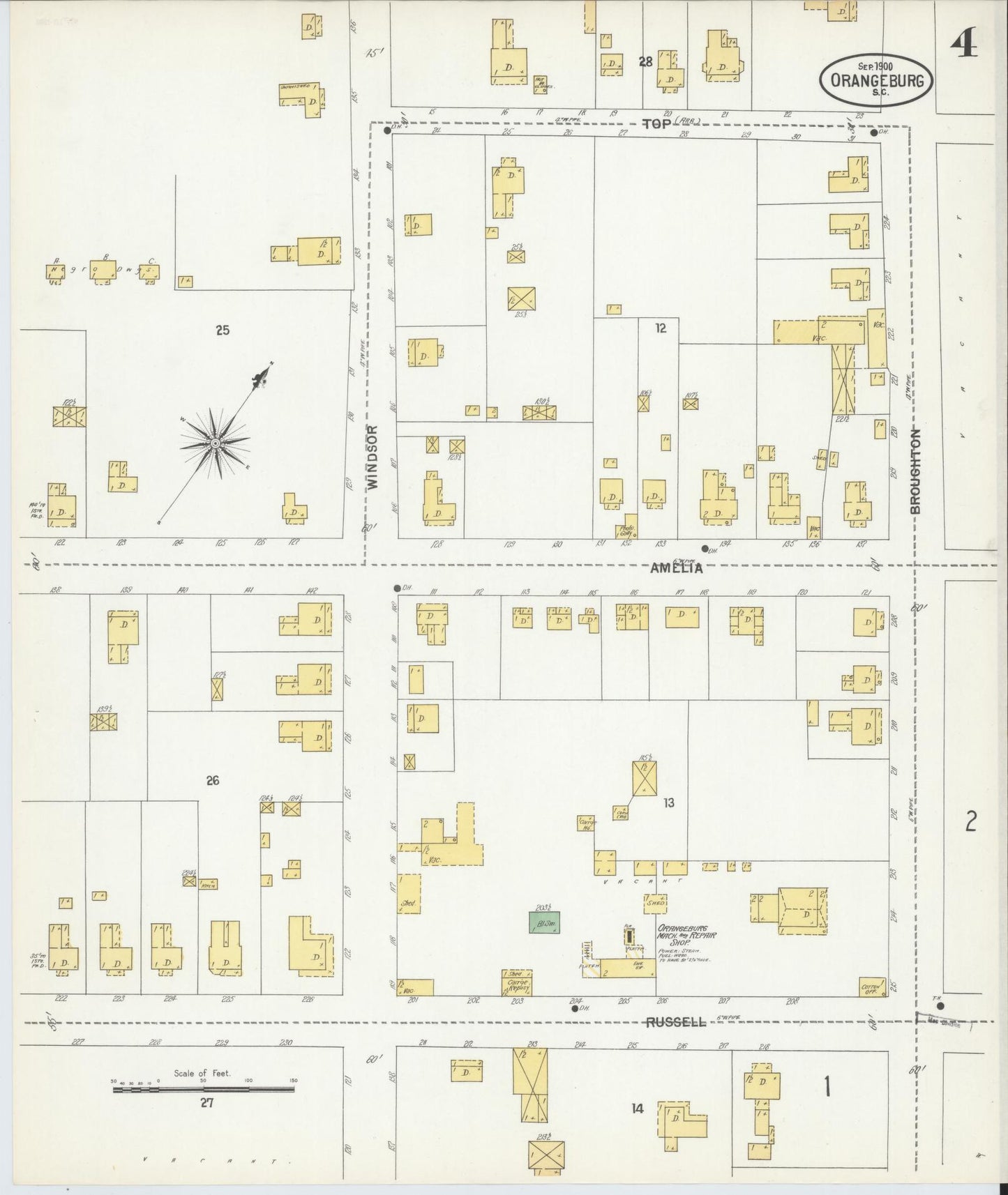 Sanborn Fire Insurance Map from Orangeburg, Orangeburg County, South Carolina (1900), Sheet #0004 - Historic Sanborn Fire Insurance Map Print, vintage old map wall art, antique decor, genealogy gift, South Carolina South Carolina map