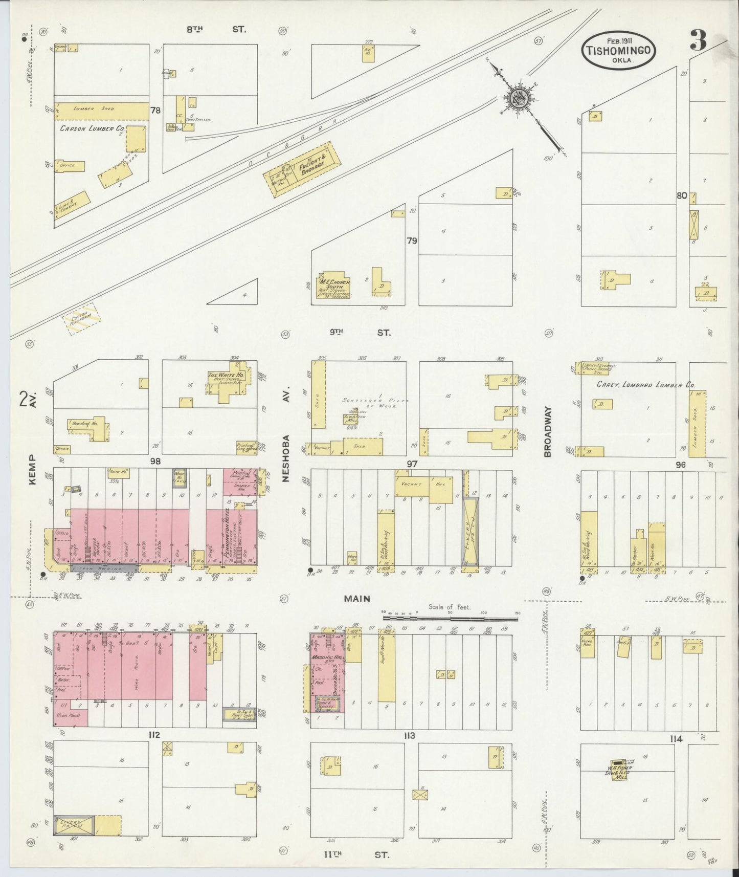 Sanborn Fire Insurance Map from Tishomingo, Johnston County, Oklahoma (1911), Sheet #0003 - Historic Sanborn Fire Insurance Map Print, vintage old map wall art, antique decor, genealogy gift, Oklahoma Oklahoma map
