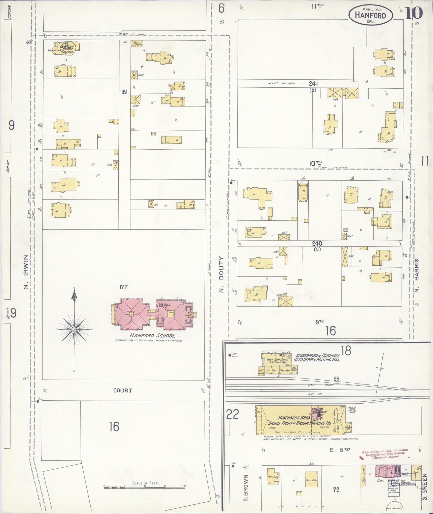 Sanborn Fire Insurance Map from Hanford, Kings County, California (1905), Sheet #0010 - Historic Sanborn Fire Insurance Map Print, vintage old map wall art, antique decor, genealogy gift, California California map