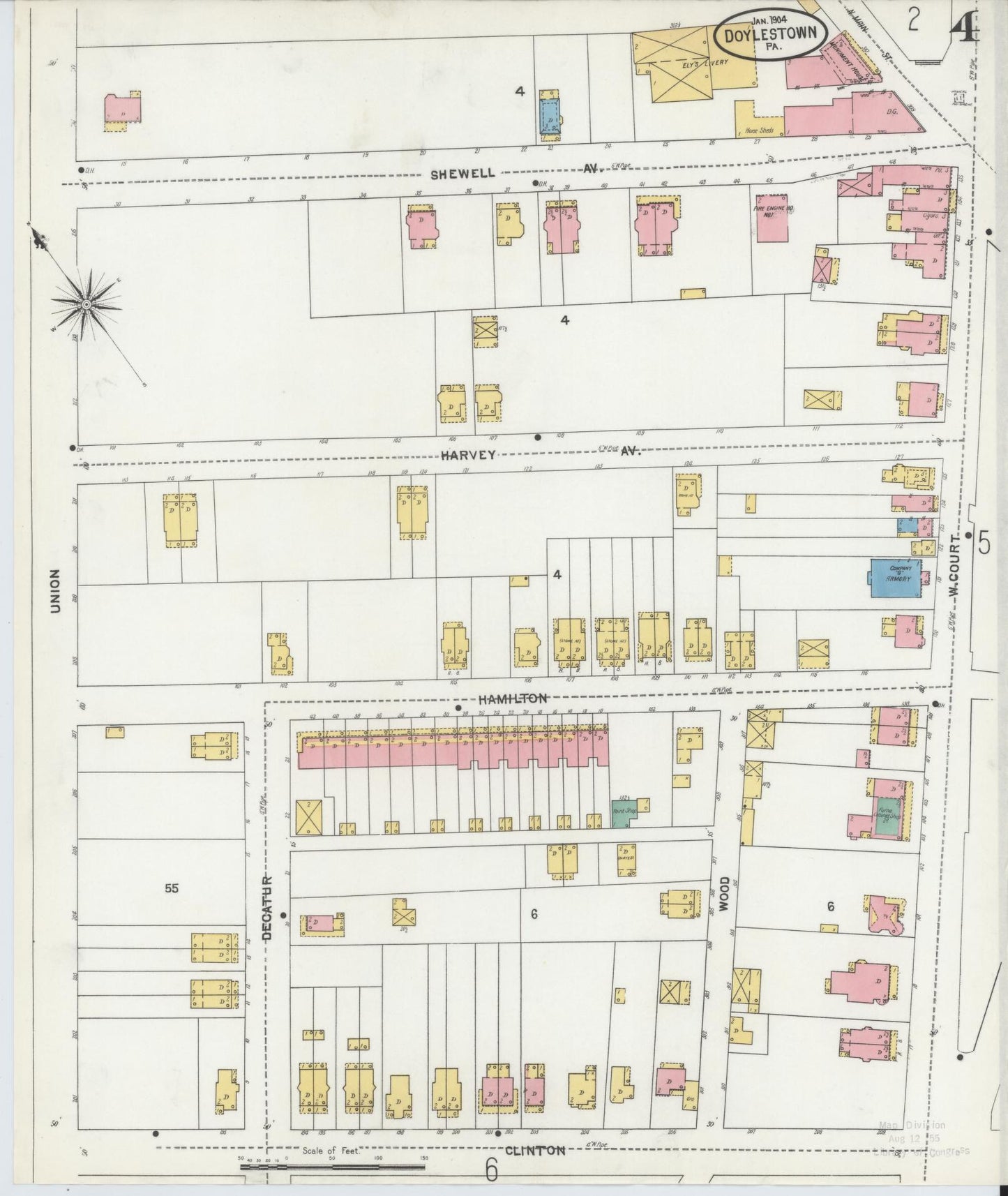 Sanborn Fire Insurance Map from Doylestown, Bucks County, Pennsylvania (1904), Sheet #0004 - Historic Sanborn Fire Insurance Map Print, vintage old map wall art, antique decor, genealogy gift, Pennsylvania Pennsylvania map