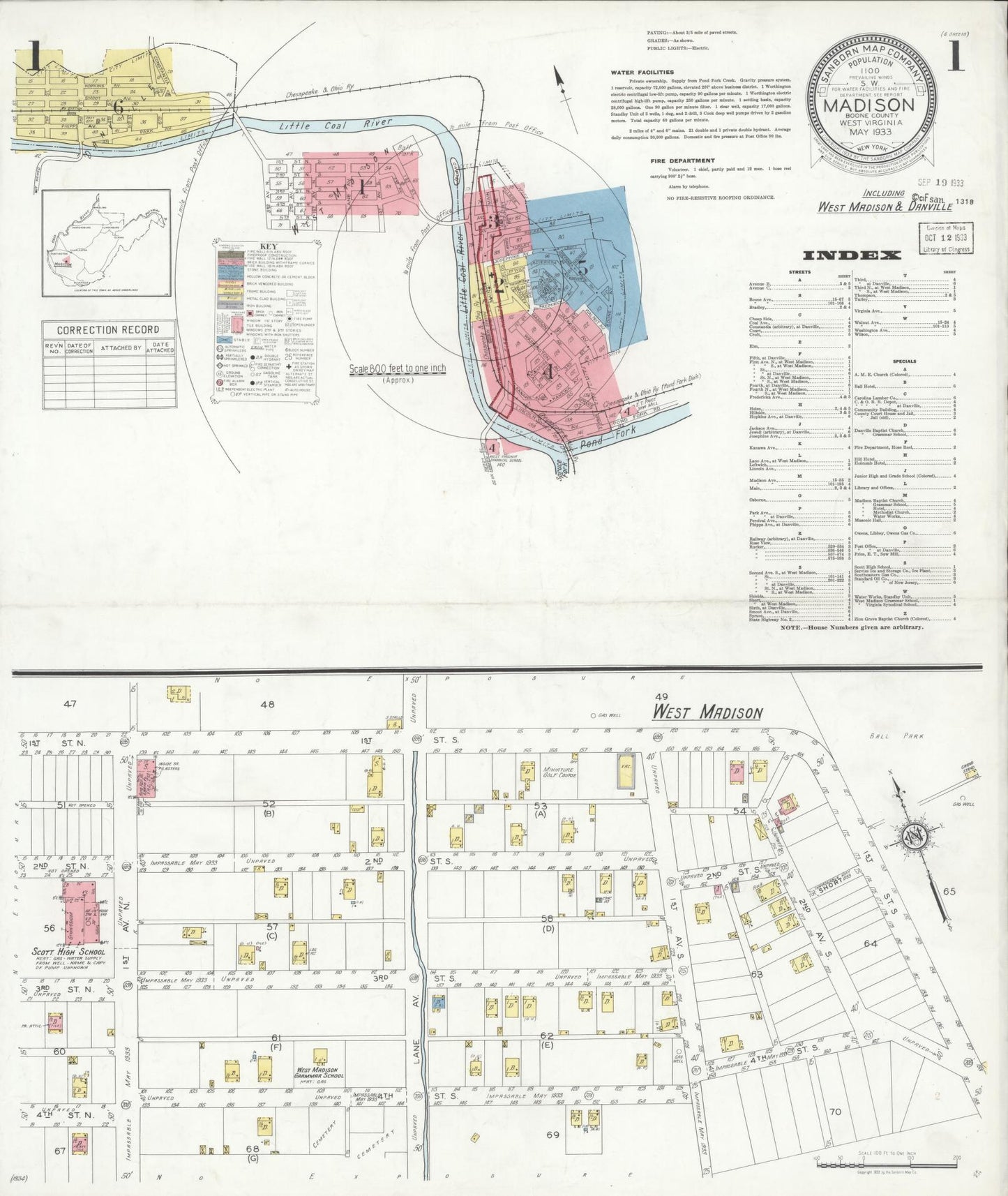 Sanborn Fire Insurance Map from Madison, Boone County, West Virginia (1933), Sheet #0001 - Historic Sanborn Fire Insurance Map Print, vintage old map wall art, antique decor, genealogy gift, West Virginia West Virginia map