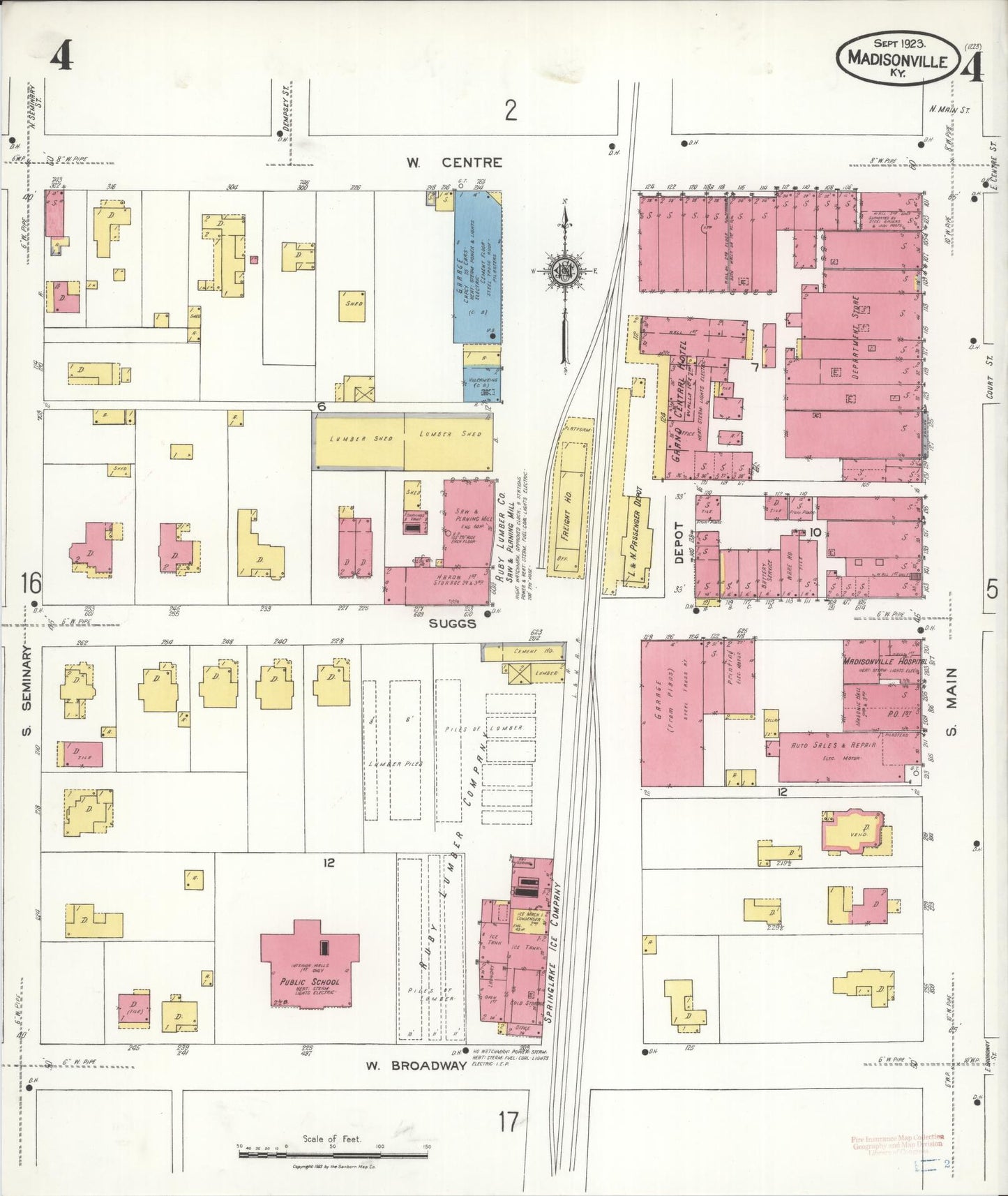 Sanborn Fire Insurance Map from Madisonville, Hopkins County, Kentucky (1923), Sheet #0004 - Historic Sanborn Fire Insurance Map Print, vintage old map wall art, antique decor, genealogy gift, Kentucky Kentucky map