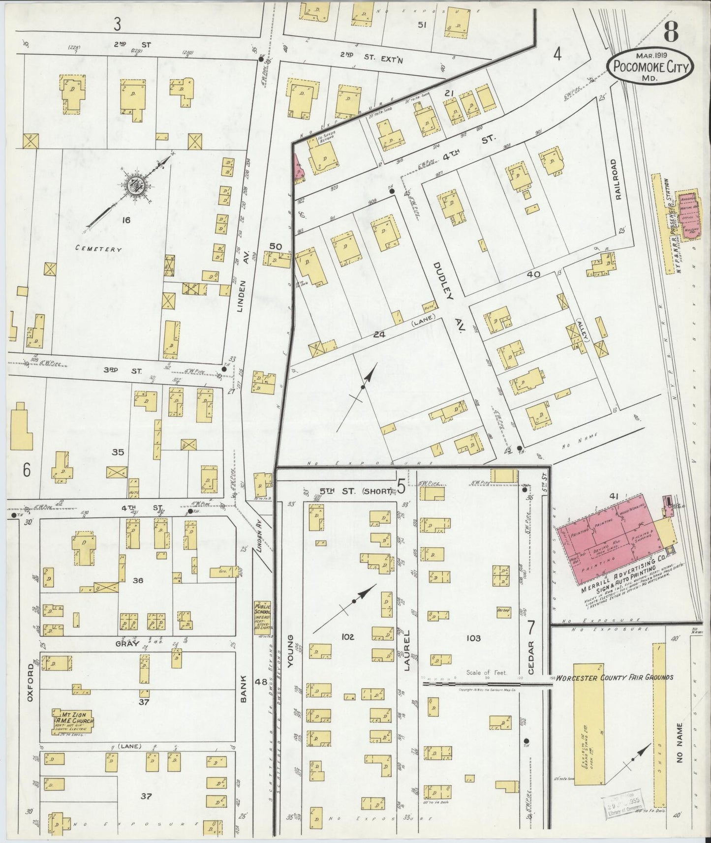 Sanborn Fire Insurance Map from Pocomoke City, Worcester County, Maryland (1919), Sheet #0008 - Historic Sanborn Fire Insurance Map Print, vintage old map wall art